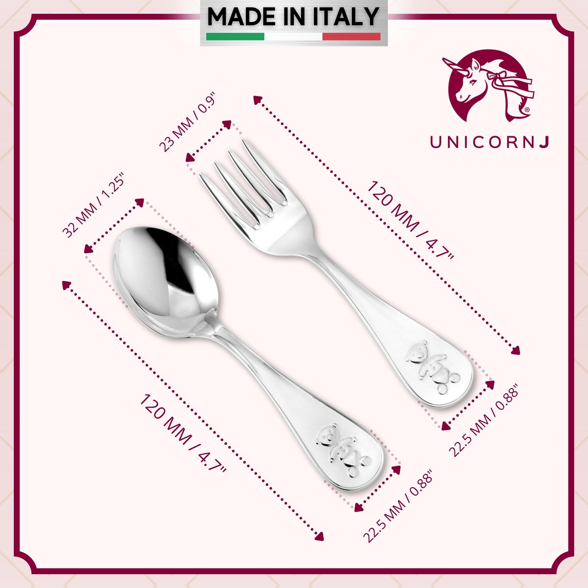 Sterling Silver Baby Spoon and Fork Set with Teddy Bear Design - Personalized Engravable Gift for Newborns | Elegant Gift Box Included | Italian Handcrafted Keepsake for Christening, Baby Shower & First Birthday | Perfect for Baby's First Feeding, Special Occasions & Memorable Gifts
