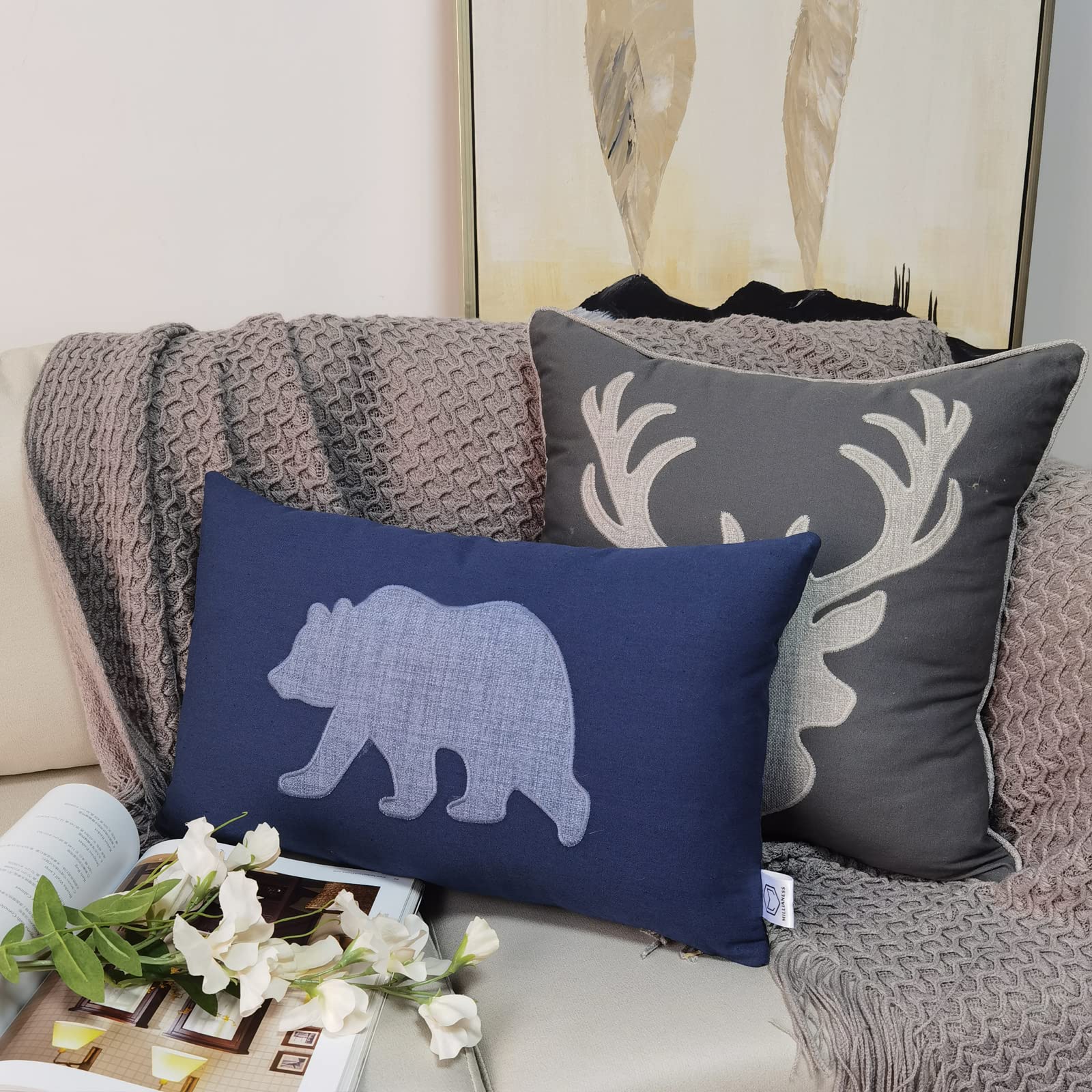 12x20 Inches Bear Embroidered Lumbar Pillow Cover - Soft Cotton Linen Cushion Case for Sofa, Couch & Bedroom - Decorative Waist Support Pillow (Blue) | Perfect for Living Room Decor & Back Pain Relief