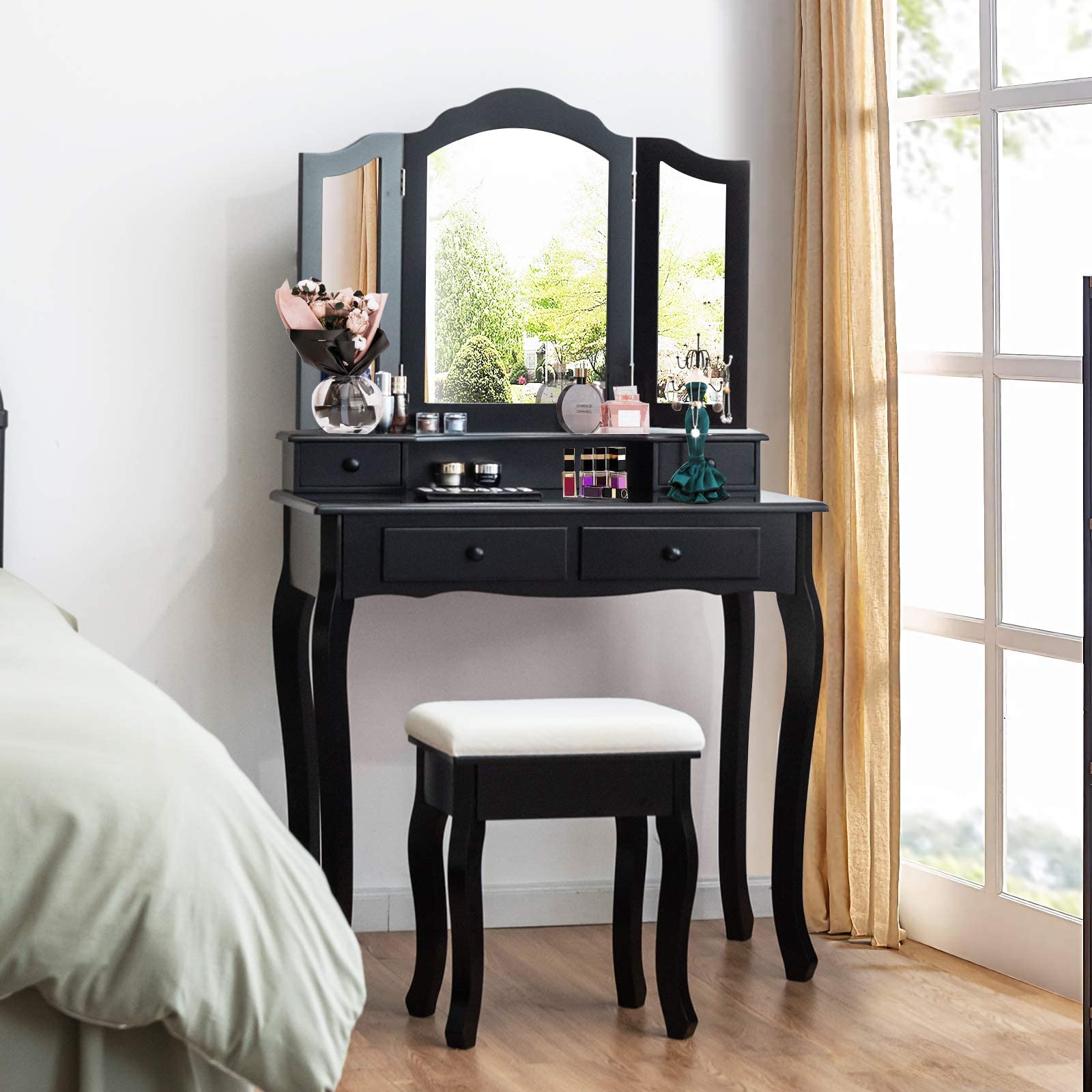MAT EXPERT Vanity Desk Set with Mirror and Drawer - Modern Dressing Table with Cushioned Stool & 4 Storage Drawers - Tri-Folding Mirror Makeup Vanity for Bedroom, Bathroom, Nursery - Perfect for Daily Beauty Routine & Home Decor (Black)