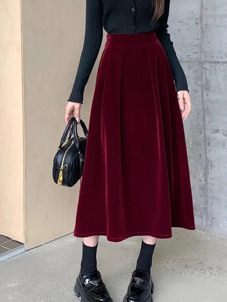 2024 Women's Vintage Red Velvet A-Line Skirt - High Waist Elegant Pleated Swing Skirt for Autumn Winter Warmth | Perfect for Casual Wear, Parties & Office Outfits
