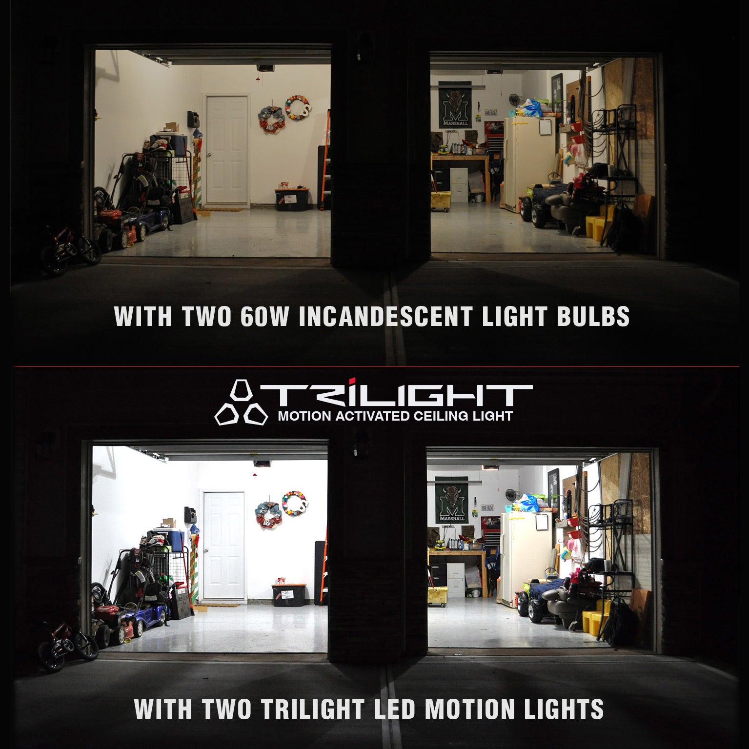 TRiLIGHT Motion Activated Garage Ceiling Light - LED Workshop Lighting with 3 Adjustable Heads, 360° Rotation, 5000K Daylight White - Perfect for Garage, Basement, Attic & Storage Areas