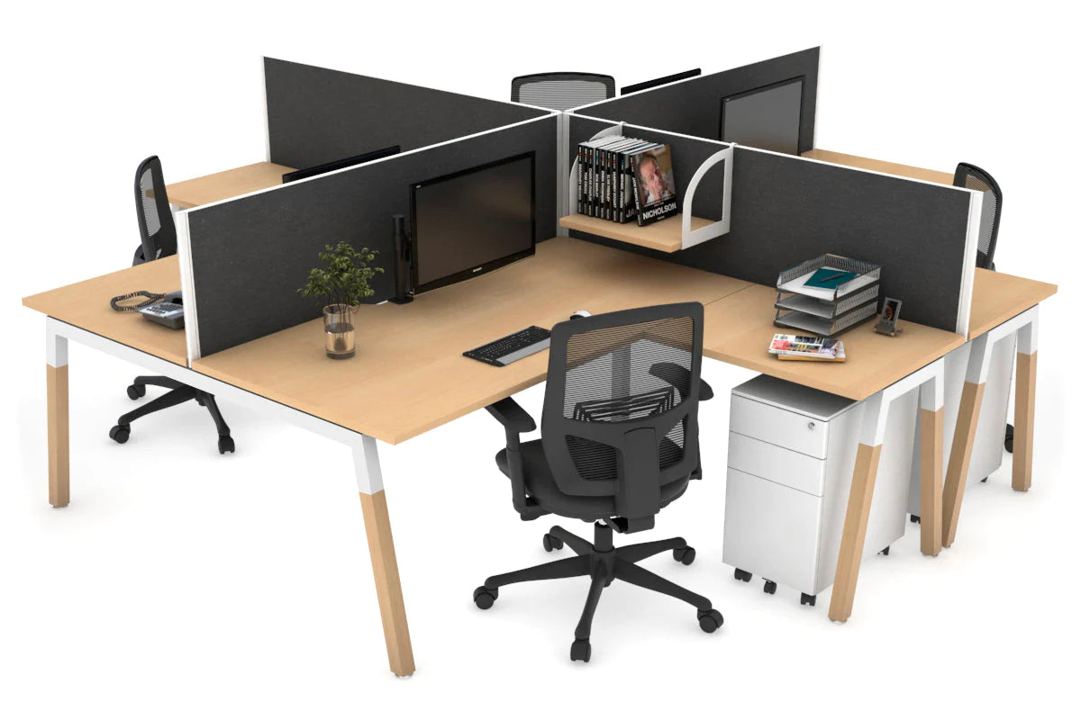 Quadro Wood A Legs Cross Beam 4-Person Corner Workstation Desk - 1600L x 1800W with Cable Management Scallop - Perfect for Office, Home Workspace & Collaborative Environments