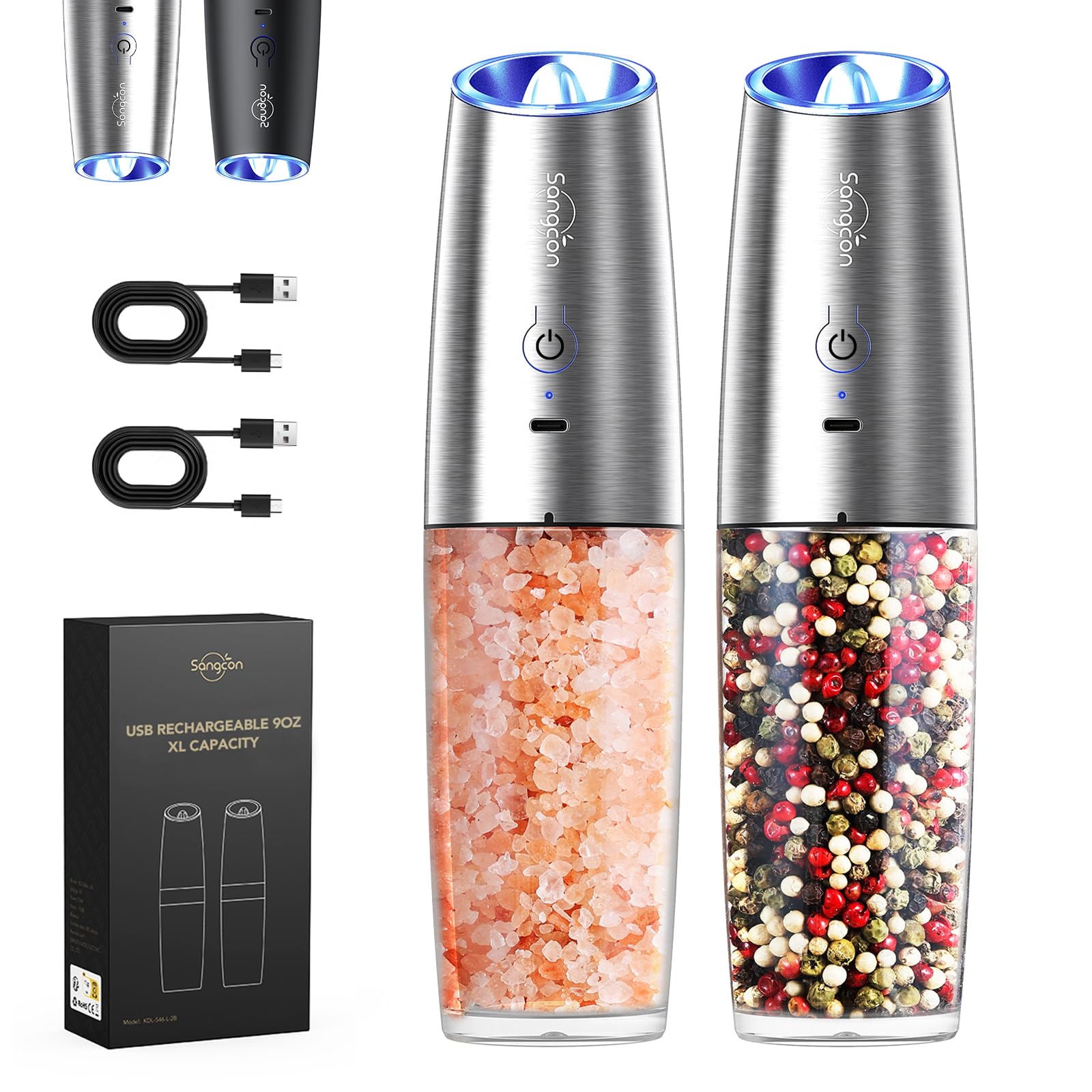 Sangcon Gravity Electric Salt and Pepper Grinder Set - Rechargeable USB-C 9oz XL Capacity, One-Hand Operation, Adjustable Coarseness, Automatic Mill for Kitchen, Dining Table, Camping & Travel