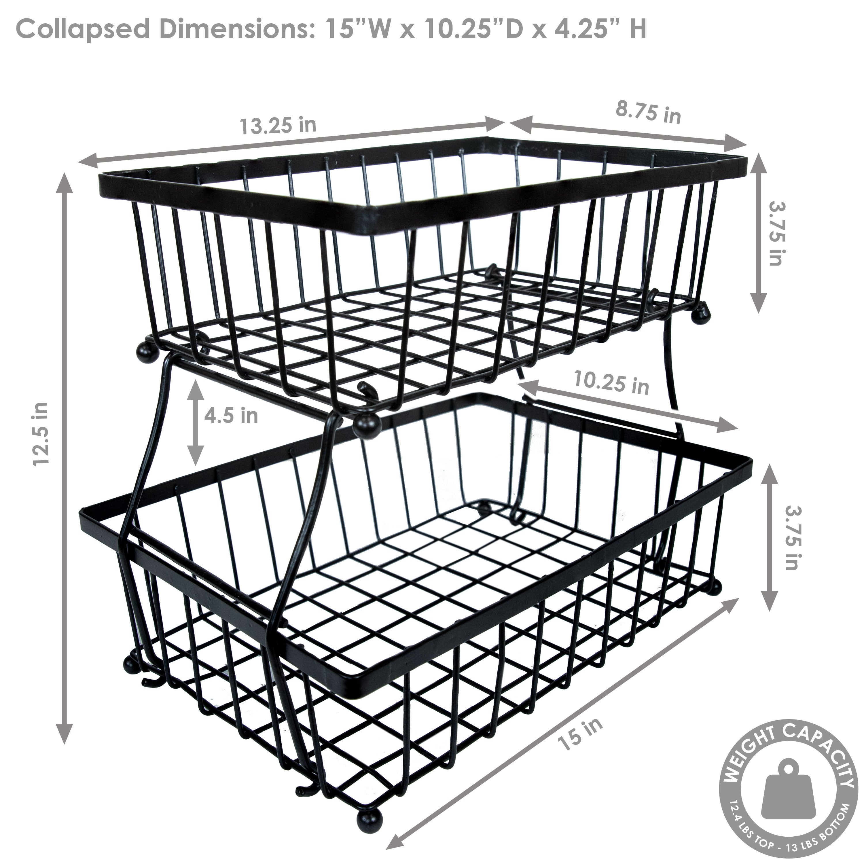 Sunnydaze Collapsible 2-Tier Fruit Basket - Space Saving Black Wire Kitchen Organizer for Countertop, Dining Table & Pantry Storage