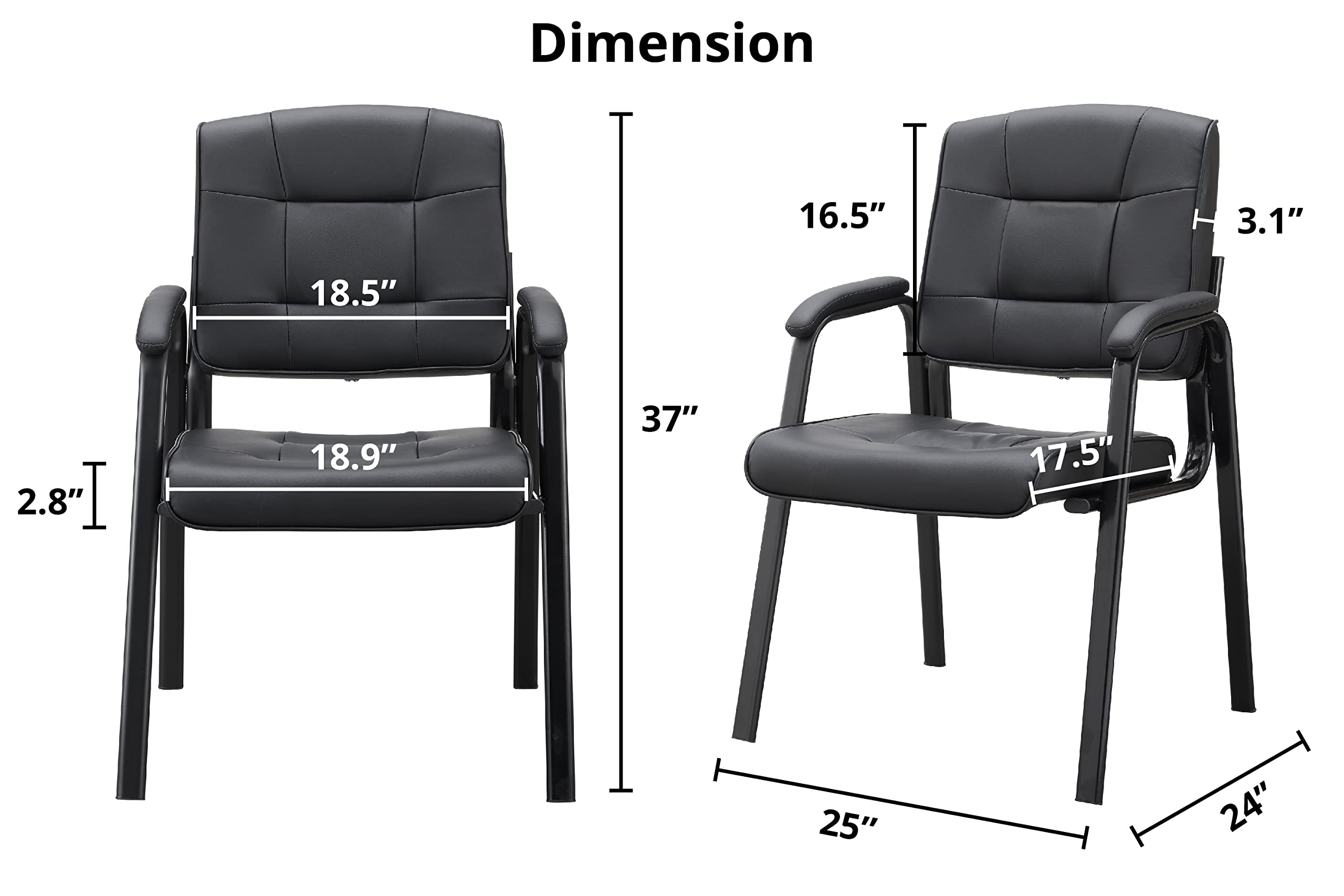 Naomi Home 2-Piece Heavy Duty Leather Executive Waiting Room Chairs Set - Black - Padded Armrest Lobby Reception Chairs for Office, Clinic, Hotel, and Conference Room Guest Seating