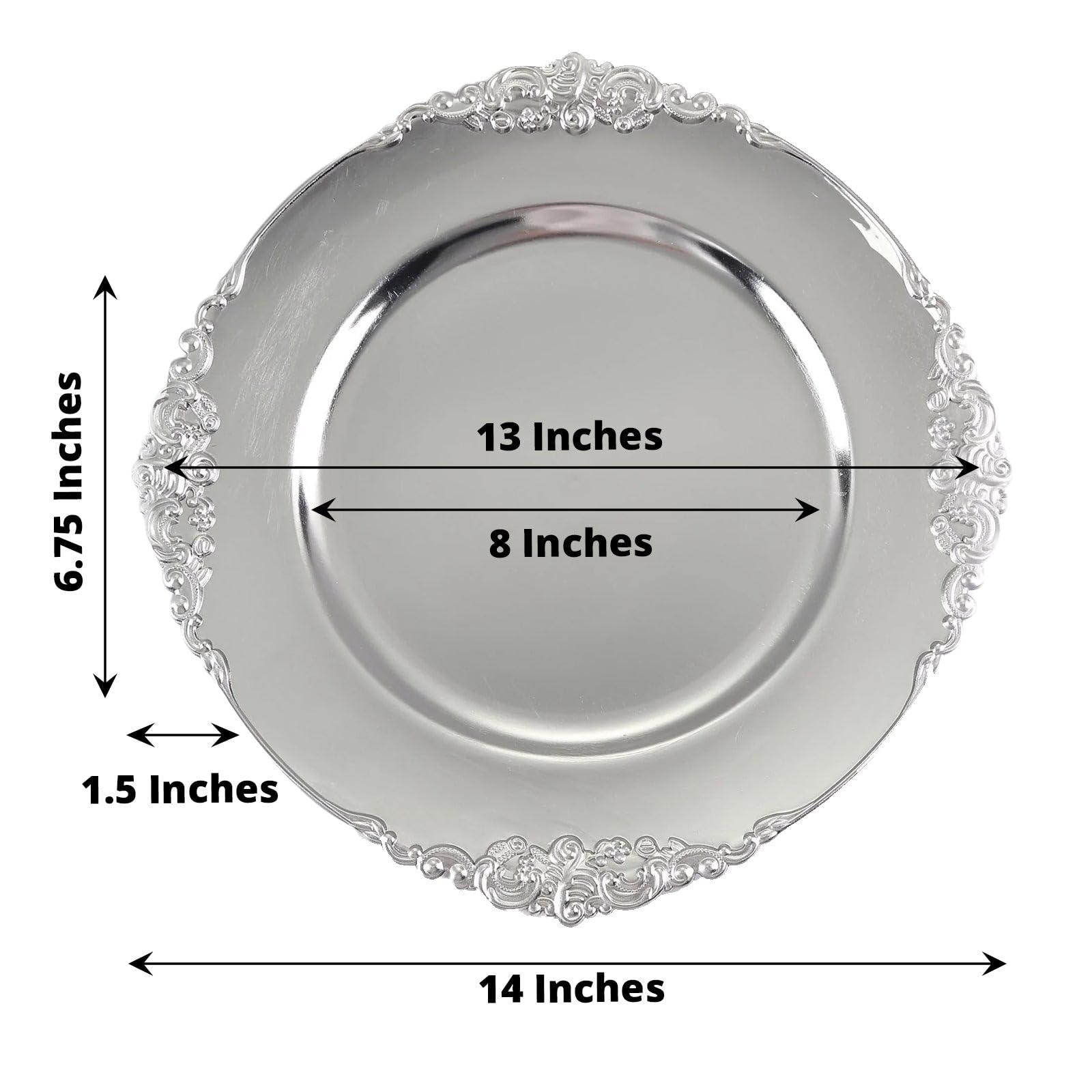24-Pack 13-Inch Silver Round Charger Plates with Elegant Embossed Rim - Premium BalsaCircle Disposable Dinner Plates for Wedding, Reception, Party & Holiday Decorations - Perfect for Formal Dining, Buffet Settings & Special Events