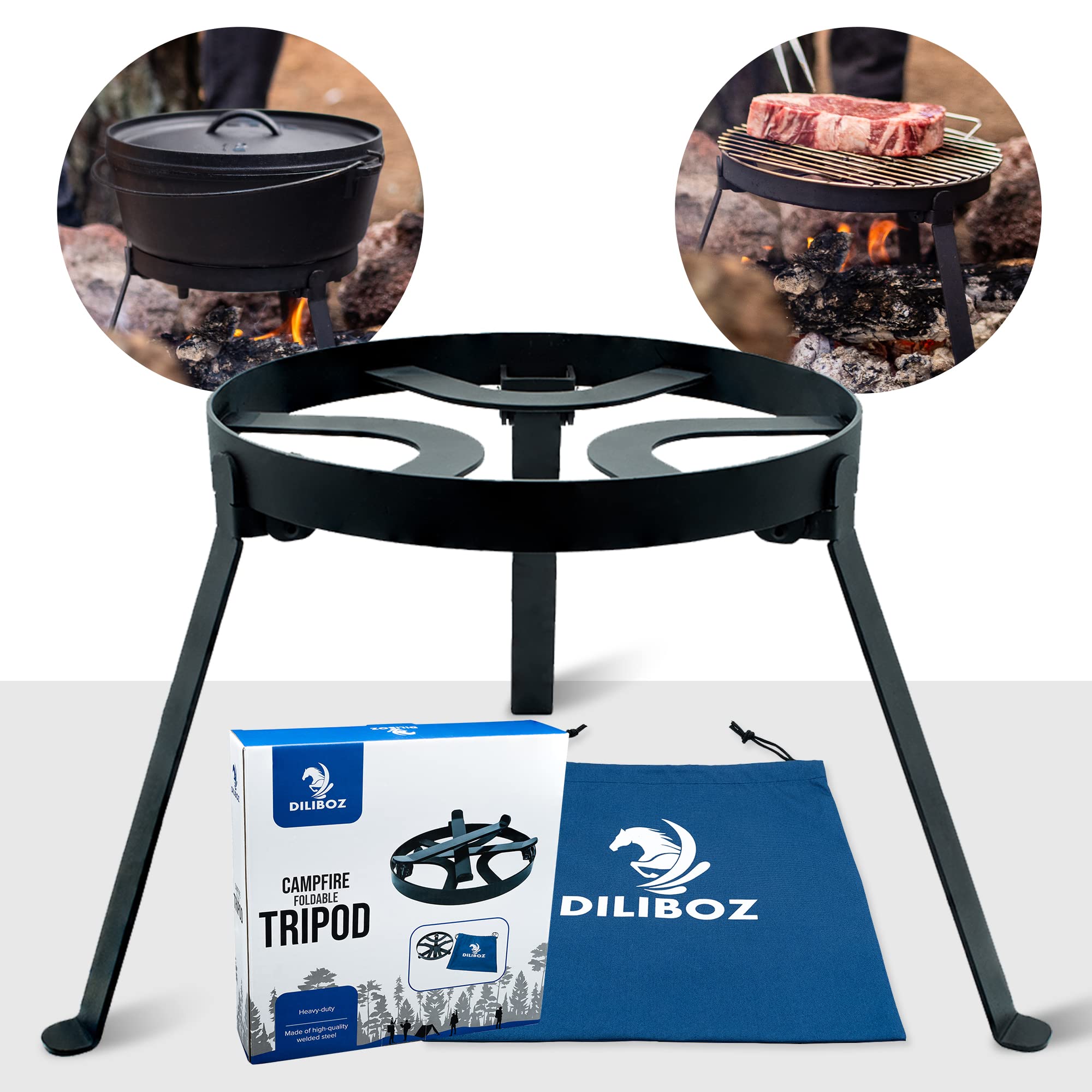 Dutch Oven Campfire Tripod Stand - Heavy Duty Cast Iron Cooking Tripod for Outdoor Camping & Open Fire Grilling - Perfect for Dutch Oven, Skillet & BBQ Over Campfire