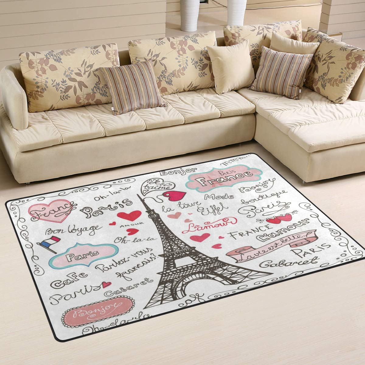 ALAZA Paris Eiffel Tower Heart Area Rug - Non-Slip Floor Mat for Living Room, Dining Room, Bedroom & Dorm - 31x20 Inches Home Decor - Perfect for Entryway, Office & Gift Giving