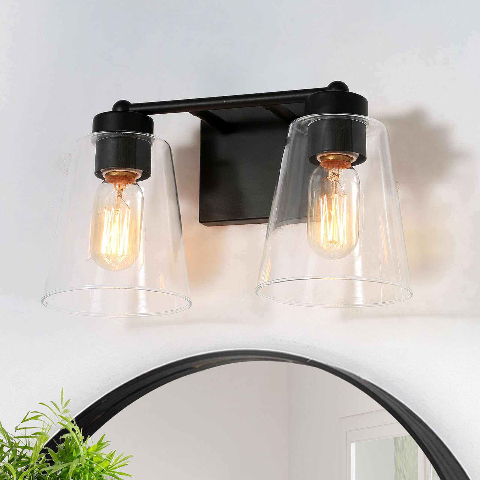 Black Farmhouse Bathroom Vanity Light Fixture - 2-Light Rustic Sconce with Clear Glass Shade (13