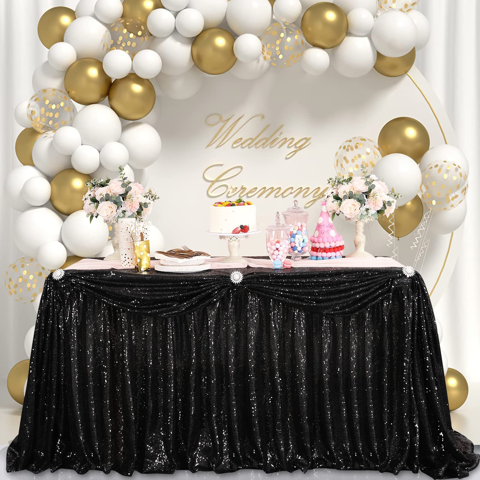 9ft Black Sequin Table Skirt for Round, Rectangle & Square Tables - Perfect for Birthday Parties, Baby Showers & Home Decor