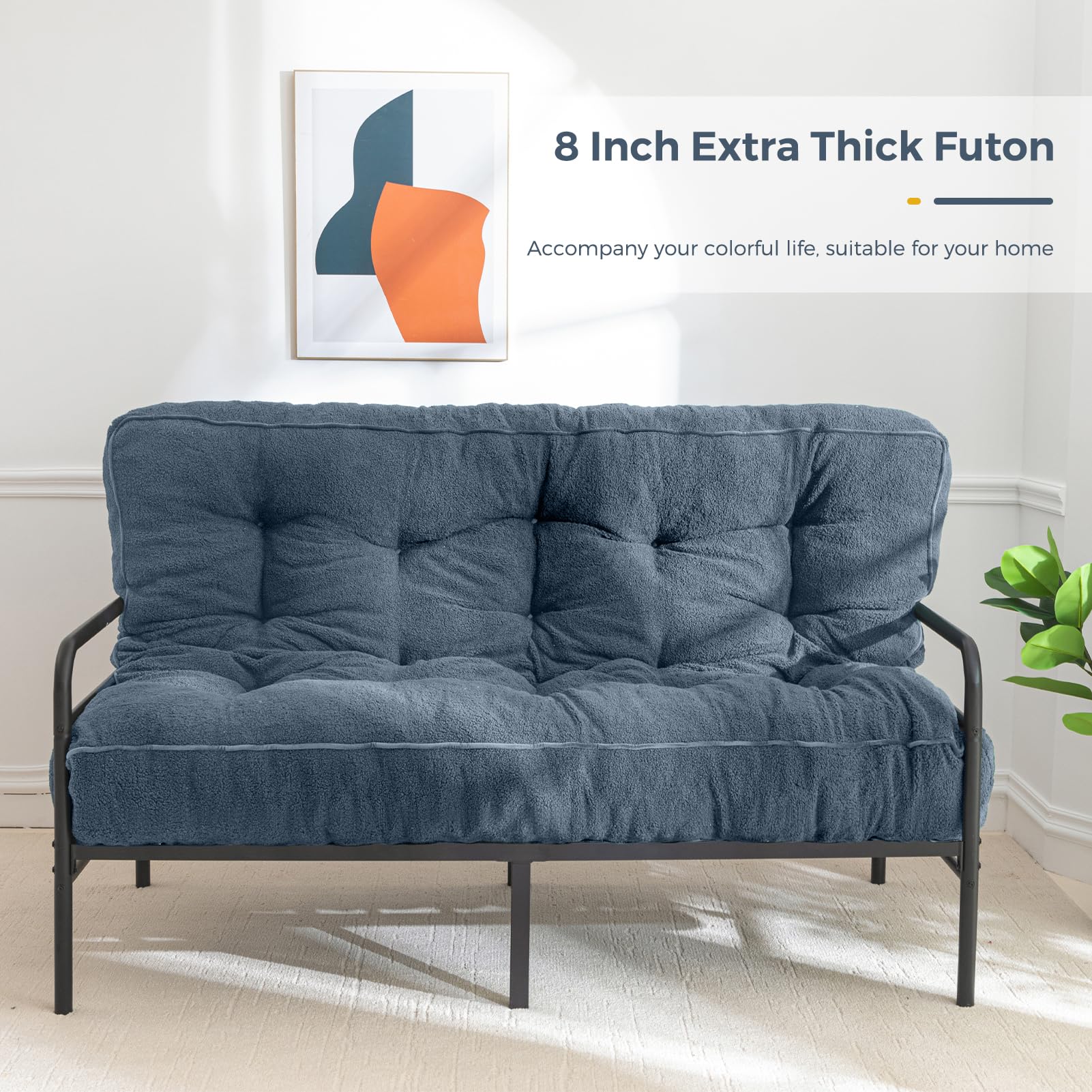 MAXYOYO 8 Inch Tufted Futon Sofa Couch Bed - Thick Boucle Floor Futon Mattress for Adults (Mattress Only) in Dusty Blue | Perfect for Small Spaces, Guest Rooms & Dorm Rooms