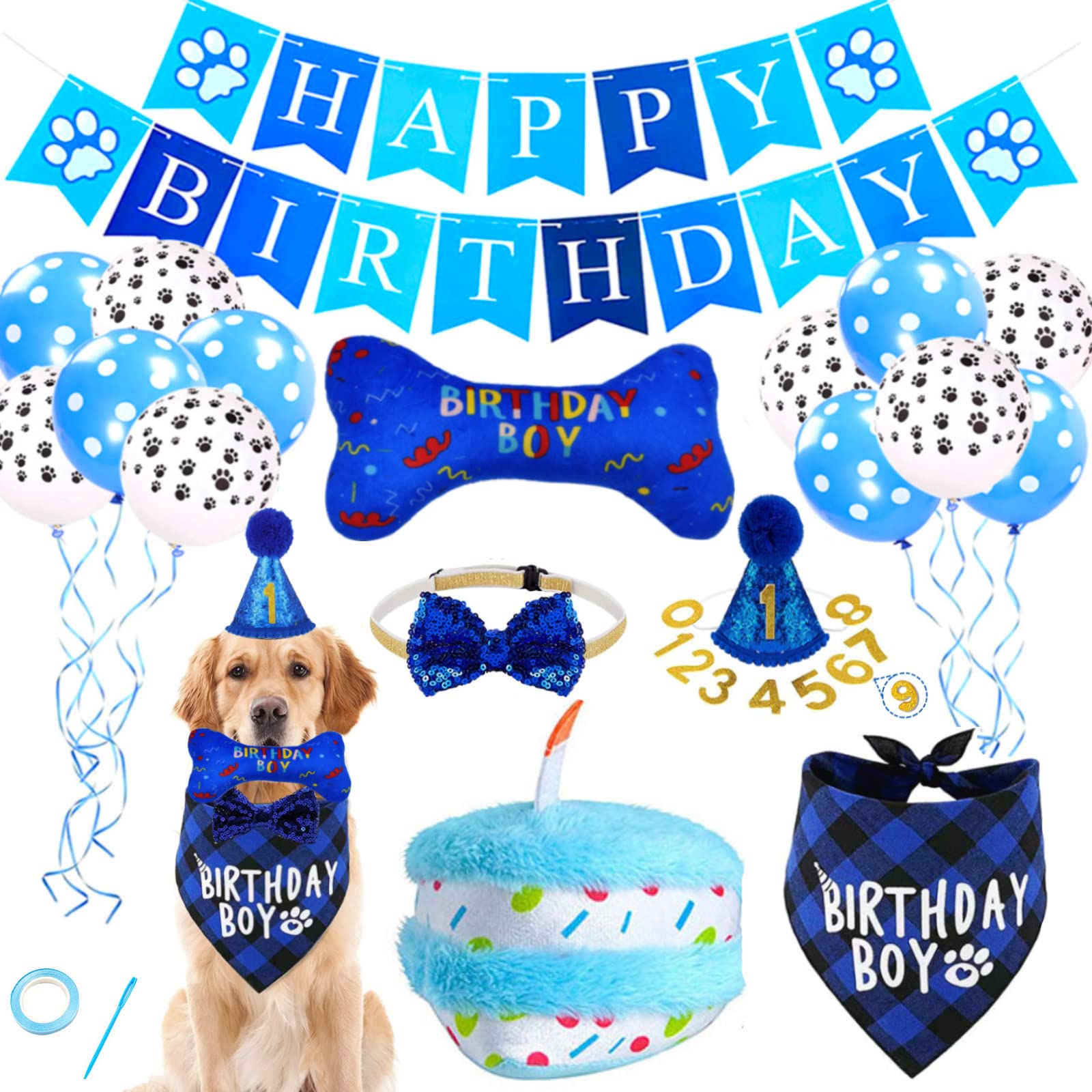 CAISANG Dog Birthday Party Set - 19PCS Pet Supplies Including Bone Cake Squeaky Toys, Bandanas, Hats, Bow Ties, Plush Toys, Banner & Balloons for Puppy Birthday Decorations, Costumes and Gifts | Perfect for Birthday Celebrations, Photo Shoots and Special Occasions