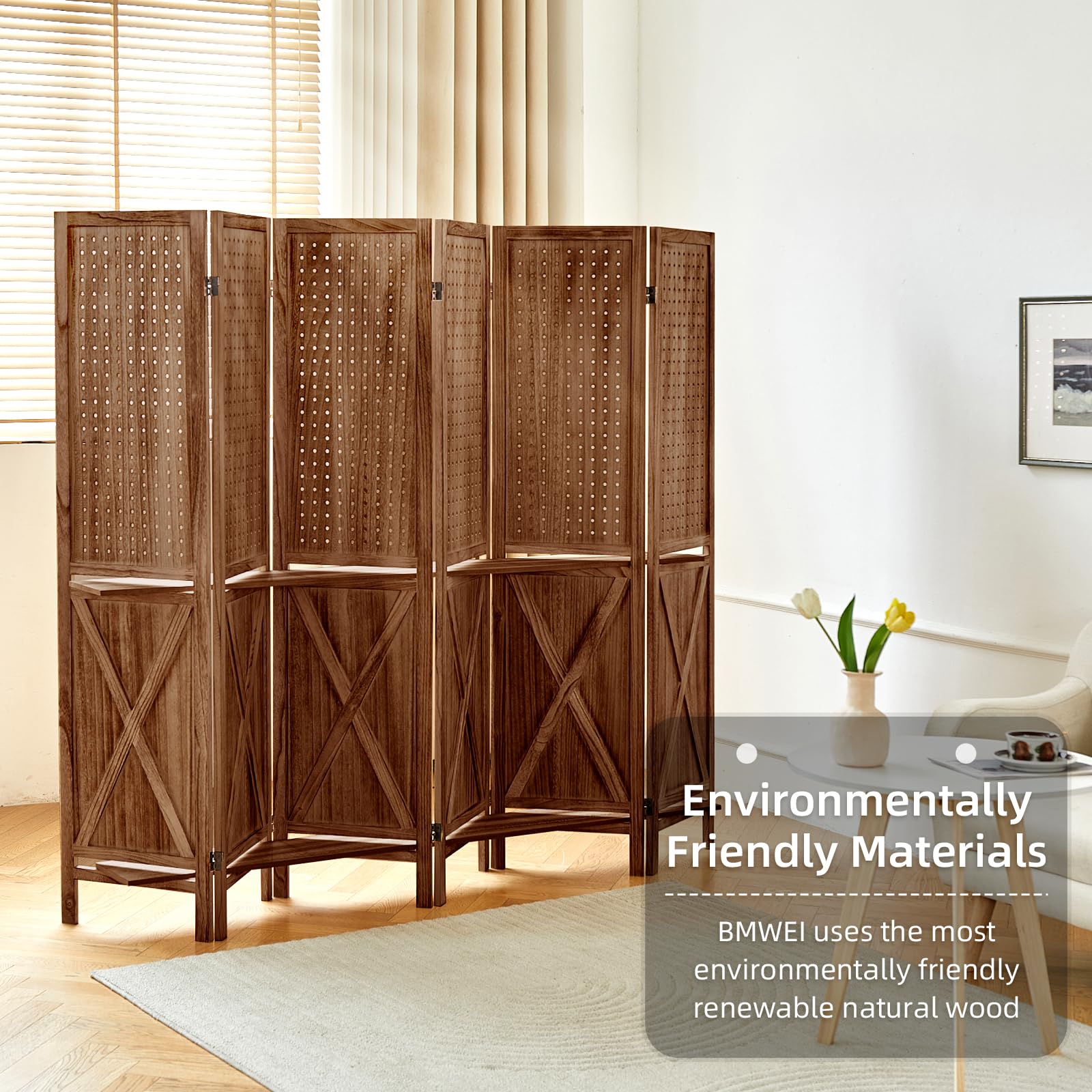 6 Panel Solid Wood Room Divider with Shelves & Pegboard - 5.6Ft Freestanding Display Organizer with 24 Hooks - Multi-Purpose Wall Organizer for Craft Shows, Jewelry Stores, Retail Boutiques & Clothing Displays - Perfect for Home Office, Trade Shows & Store Displays (Brown)