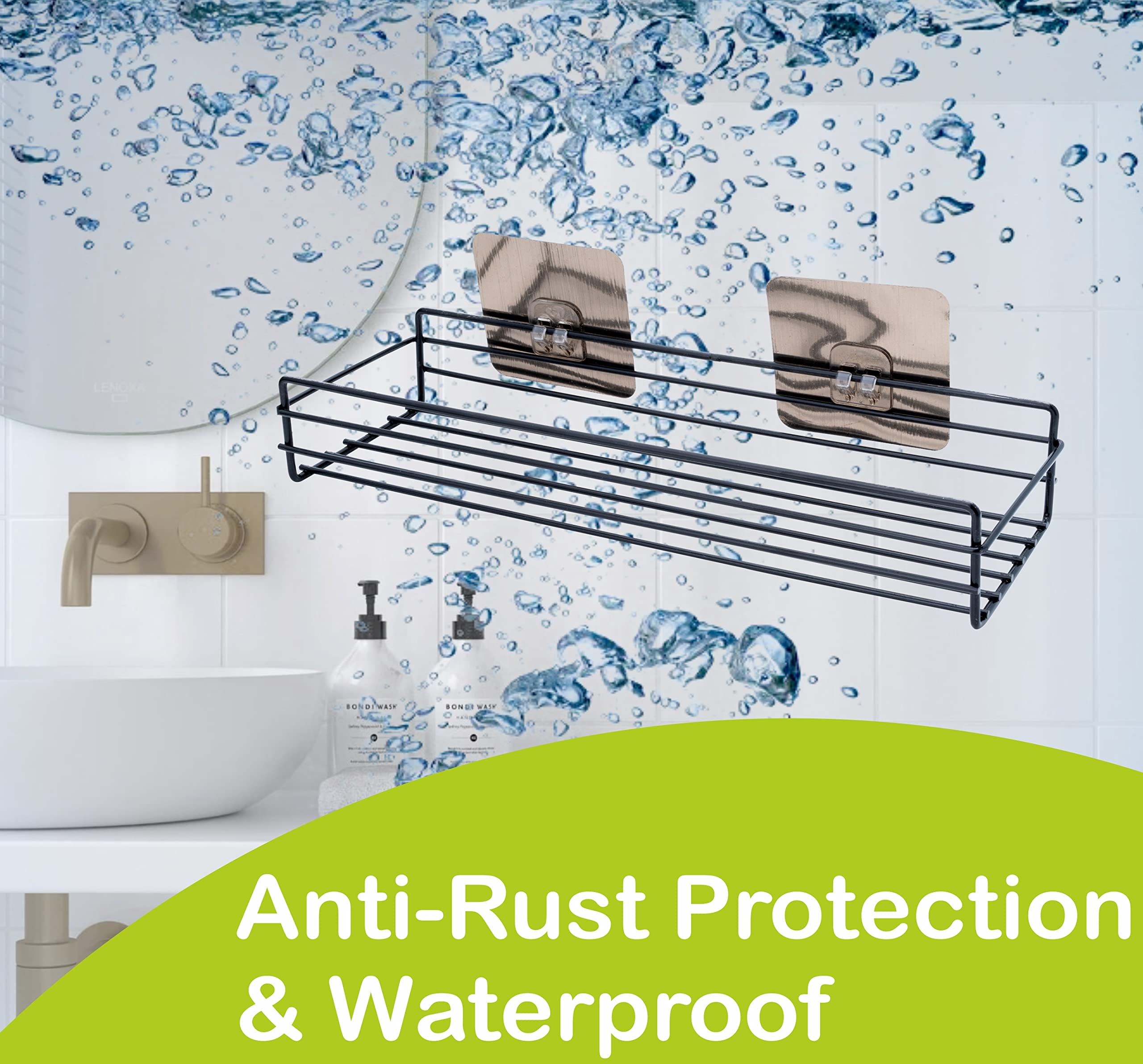 JIALTO Black Adhesive Wall Mounted Bathroom Shelf - Waterproof Bathroom Organizer for Shower, Toilet & Vanity - Durable Self-Adhesive Storage Shelf for Bathroom Accessories - Perfect for Small Spaces & Apartment Living