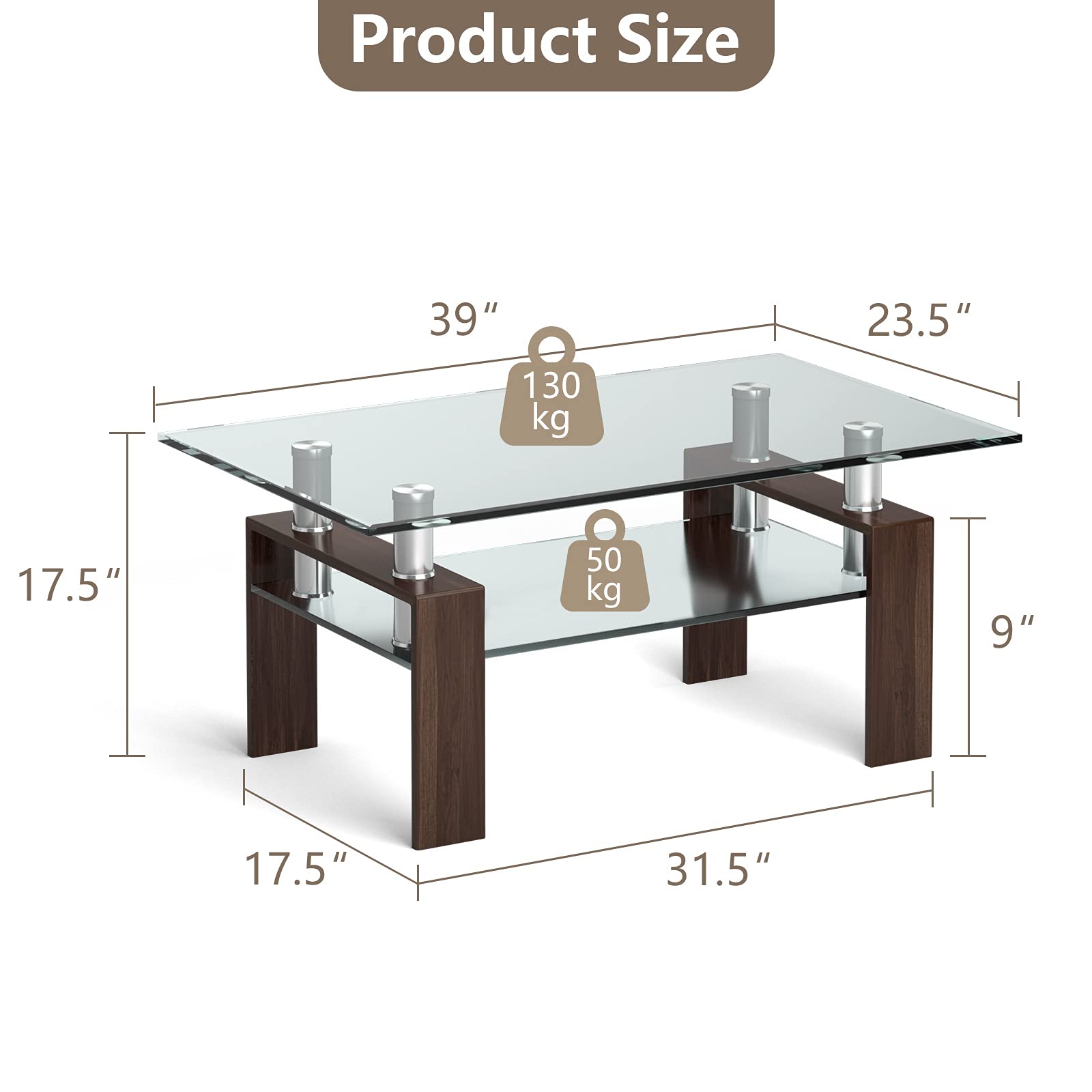 NAFORT Modern 2-Tier Glass Coffee Table with Metal Legs & Storage Shelf - Tempered Glass Top Rectangle Living Room Table for Tea, Books & Decor - Perfect for Small Spaces, Apartments & Contemporary Home Decor
