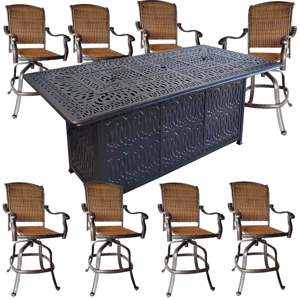 9-Piece Outdoor Fire Pit Dining Set with Swivel Barstools & Cast Aluminum Wicker Table - Patio, Backyard, Garden Furniture for Entertaining & Relaxation
