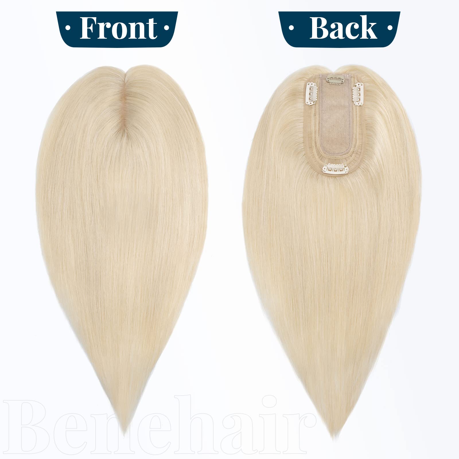 Benehair Clip-in Human Hair Topper for Women with Thinning Hair - 10 Inch 33g Remy Hair Topper with Silk Base - #60 Platinum Blonde - Natural Looking Hair Extensions for Daily Wear & Special Occasions