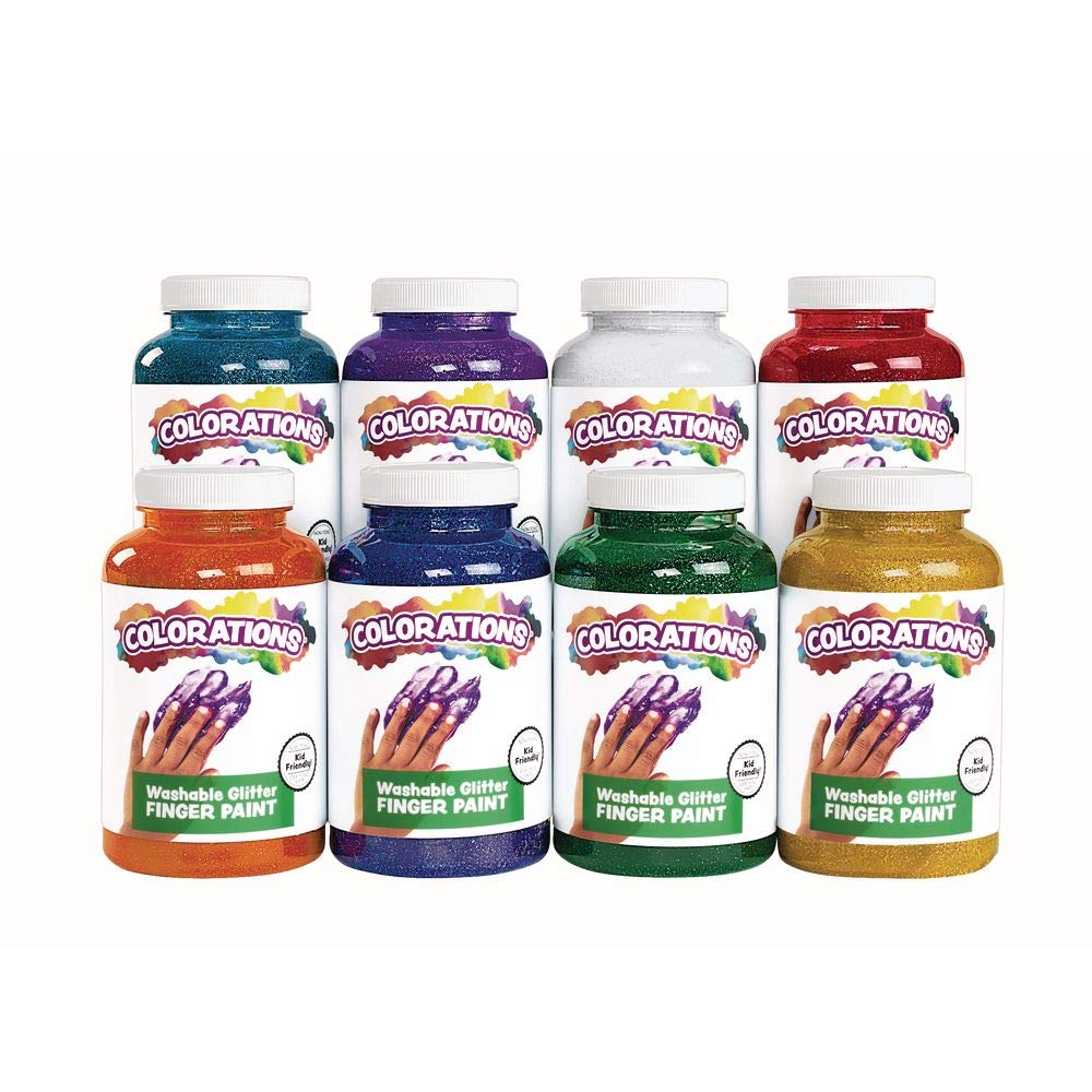 Colorations Washable Non-Toxic Glitter Finger Paint Set for Kids - 8 Vibrant Colors (16 fl oz Each) | Sensory Art Activities, Hand Painting, Classroom & Home Craft Projects