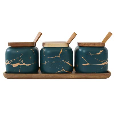XMZFQ 3-Piece Ceramic Marbling Condiment Jar Set with Lids, Serving Spoon & Wooden Tray - Green | Spice Storage Containers for Kitchen, Dining Table & Restaurant Use
