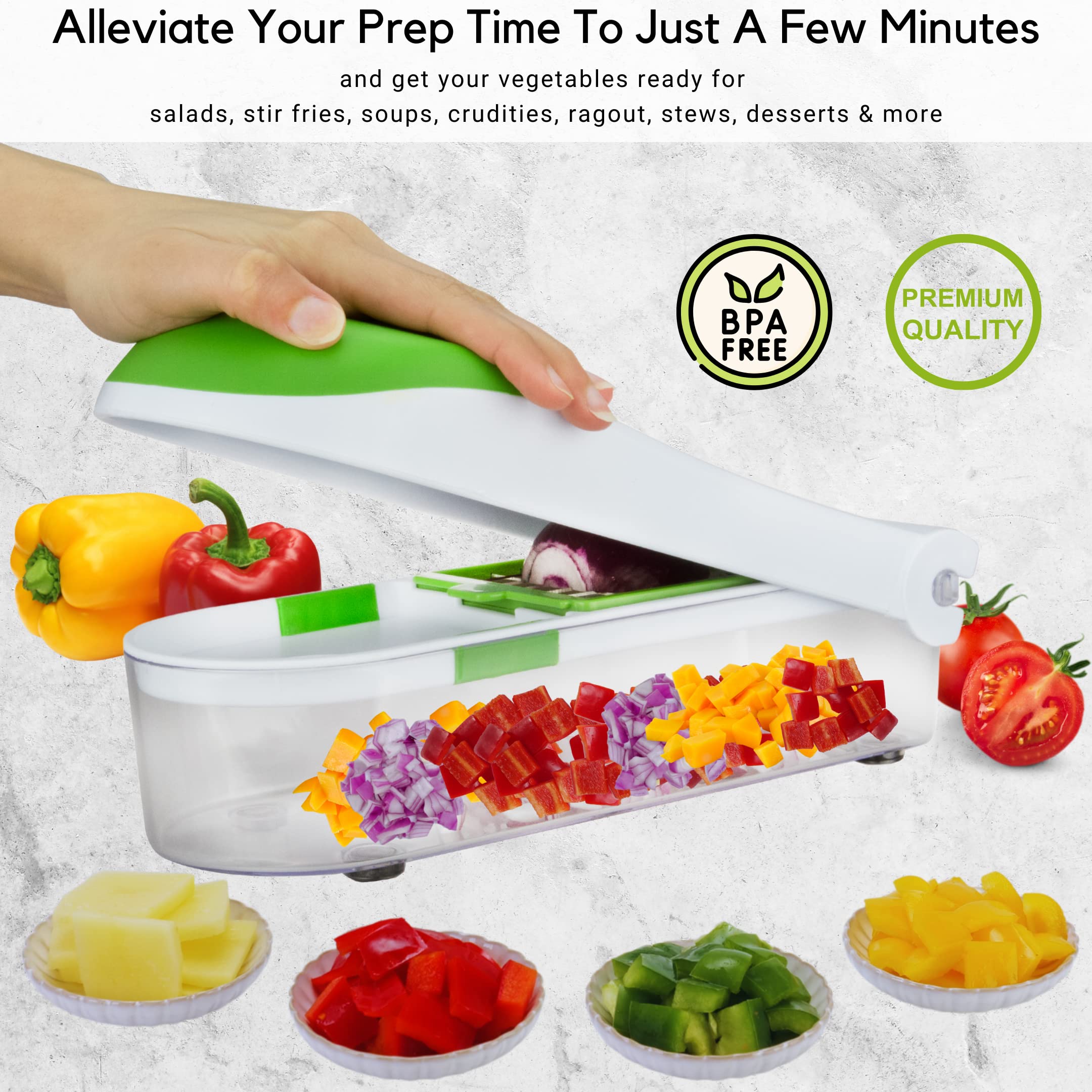 Brieftons QuickPush Food Chopper - 2-in-1 Vegetable & Fruit Dicer for Onion, Tomato, Potato - Includes 2 Dicing Blades & 5 Free Recipe Ebooks - Perfect for Meal Prep, Salad Making & Quick Cooking
