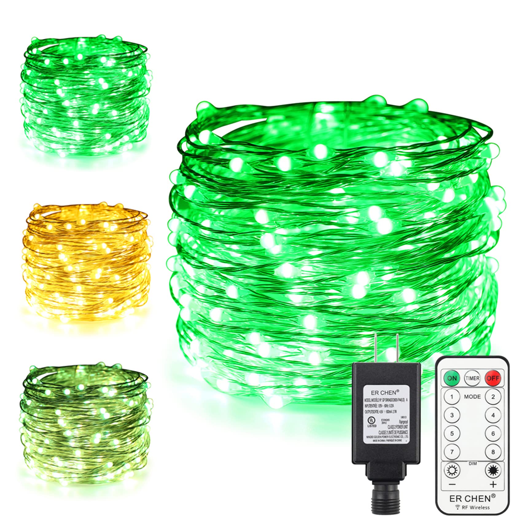 Dual-Color LED String Lights 66ft - 200 LEDs Plug-in Fairy Lights with Remote & Timer, 8 Modes Dimmable Silver Copper Wire for Indoor Outdoor Christmas Decor, Party, Wedding, Garden (Green/Warm White)