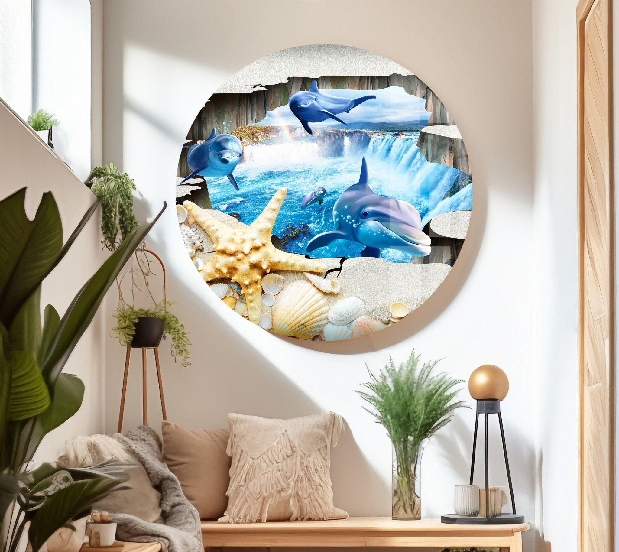 3D Dolphins Glass Wall Art - Ocean Themed Home Decor for Living Room, Bedroom & Office - Stunning Handmade Sea Life Mural with LED Backlighting