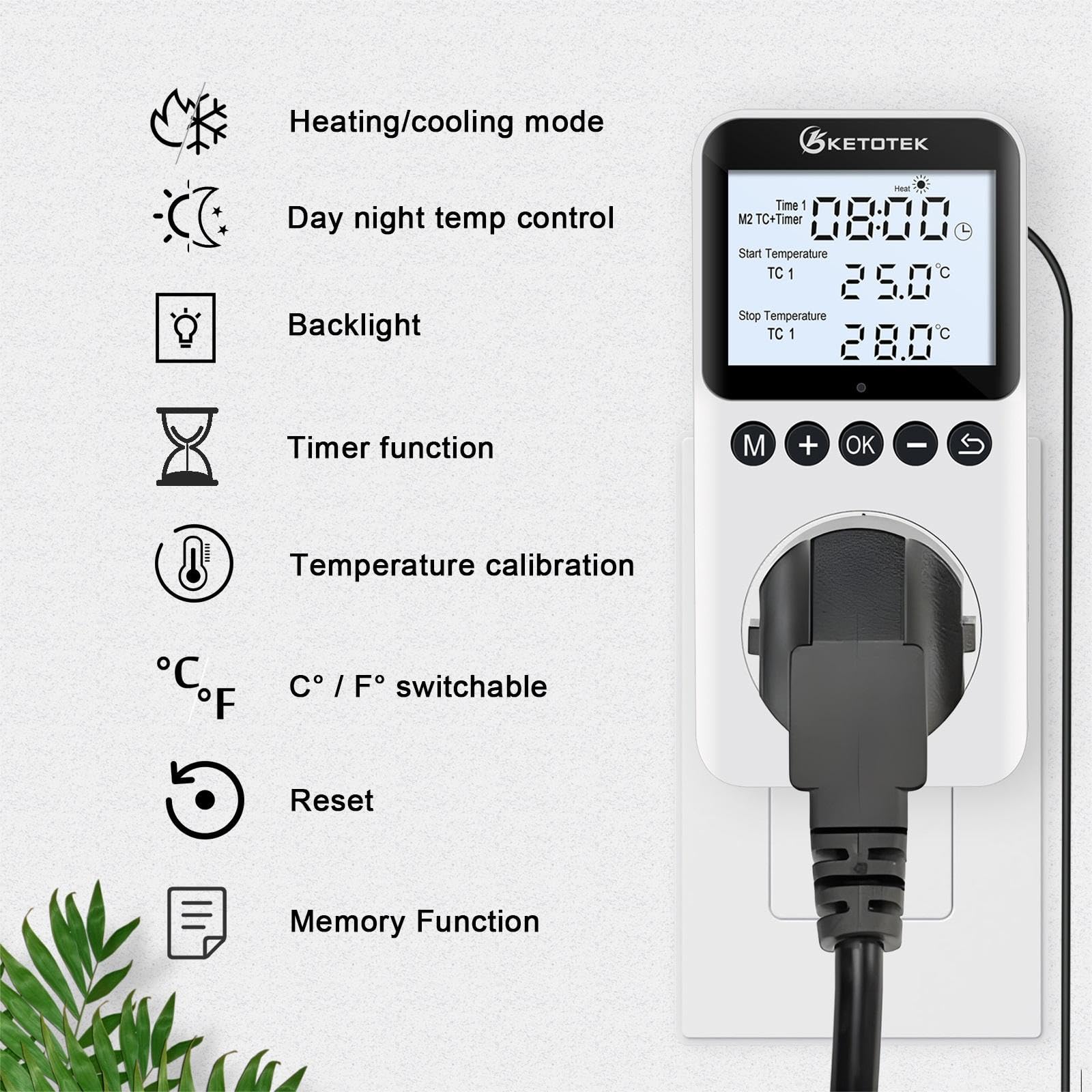 Digital Thermostat Outlet Plug with Backlight & Sensor - Day/Night Temperature Controller for Reptile Terrariums, Greenhouses, and Pet Habitats - Precise Heating/Cooling Switch for Optimal Climate Control