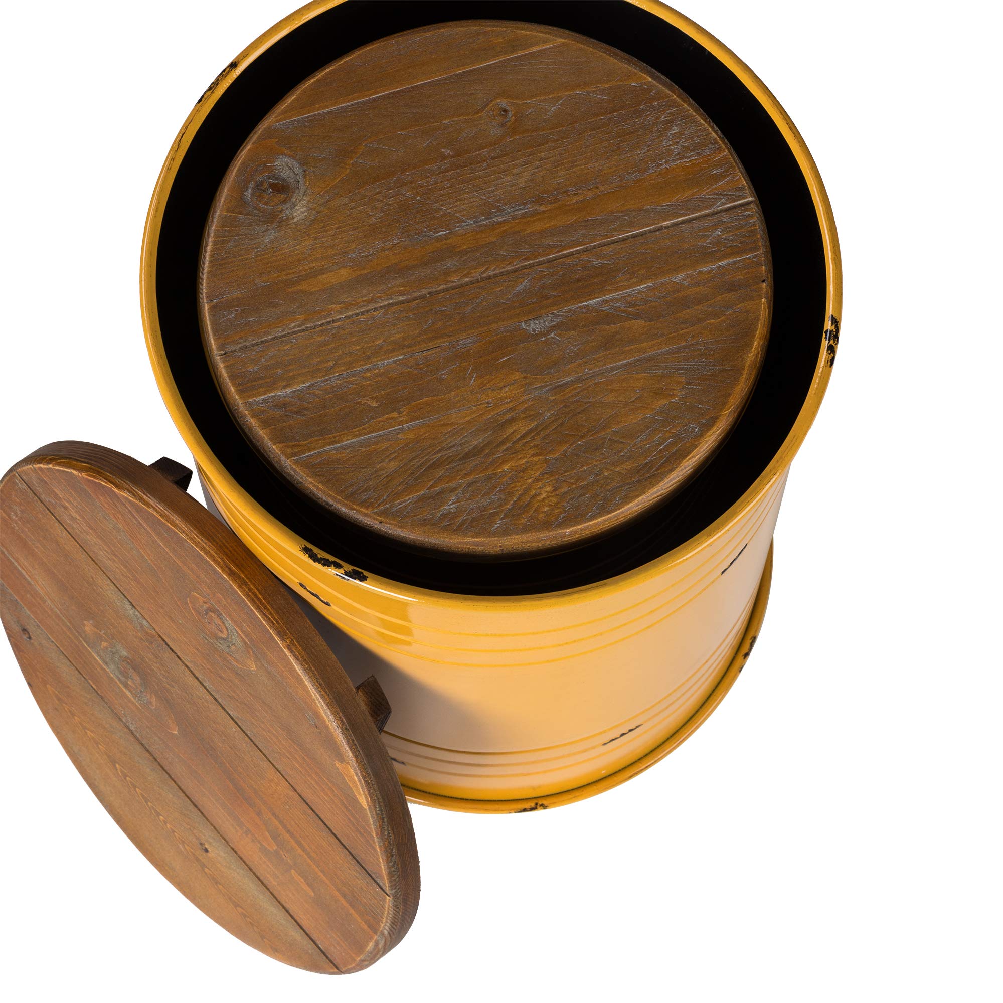 Glitzhome 2-Piece Farmhouse Nesting Tables with Storage Lids - Rustic Metal Barrel Side End Tables for Living Room, Bedroom, Office - Yellow Accent Stools | Perfect for Small Spaces, Coffee Table Alternatives & Home Decor
