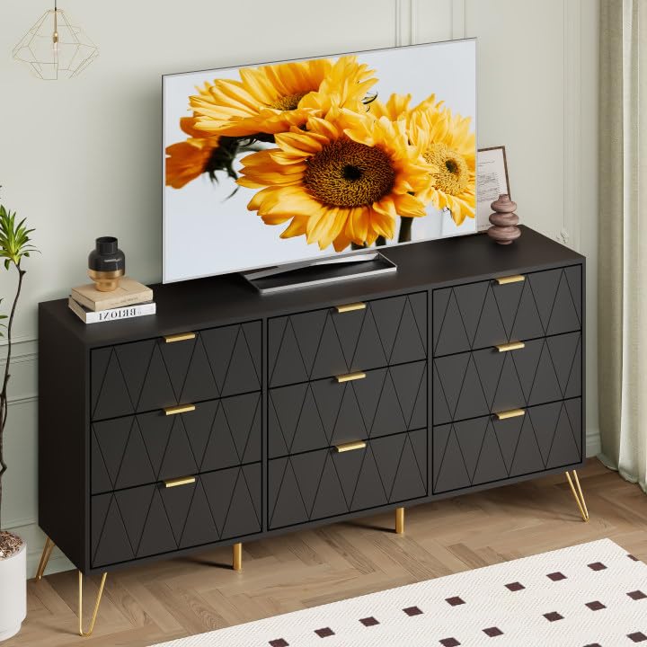 Anbuy 3-Piece Bedroom Furniture Set - 9-Drawer Dresser & 2 Nightstands with 2 Drawers Each, Modern Bedroom Storage Combo in Black - Perfect for Master Bedroom, Guest Room or Apartment Decor