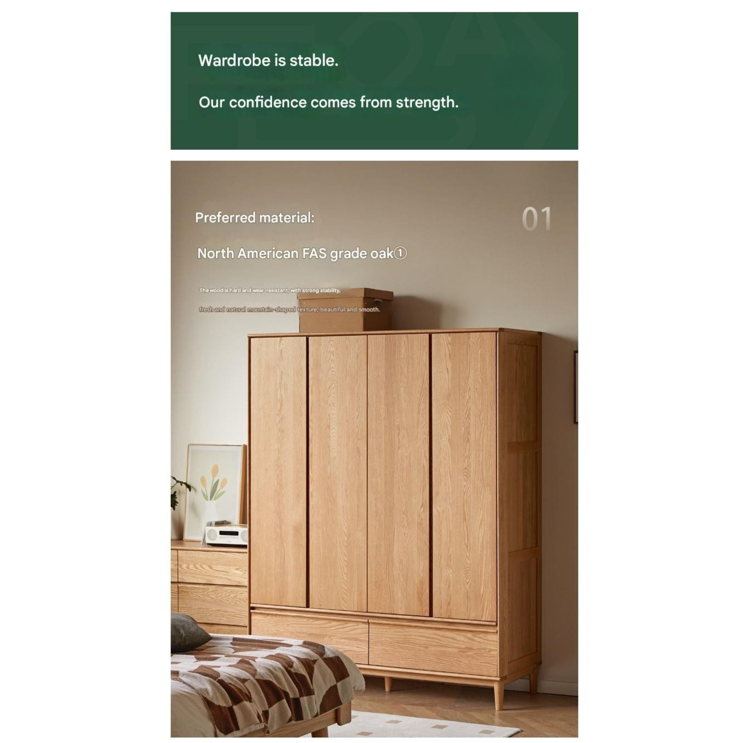 Modern Oak Solid Wood Wardrobe - Spacious Storage for Bedroom, Closet & Home Organization | Durable & Stylish Furniture for Master Bedroom, Guest Room & Walk-In Closets