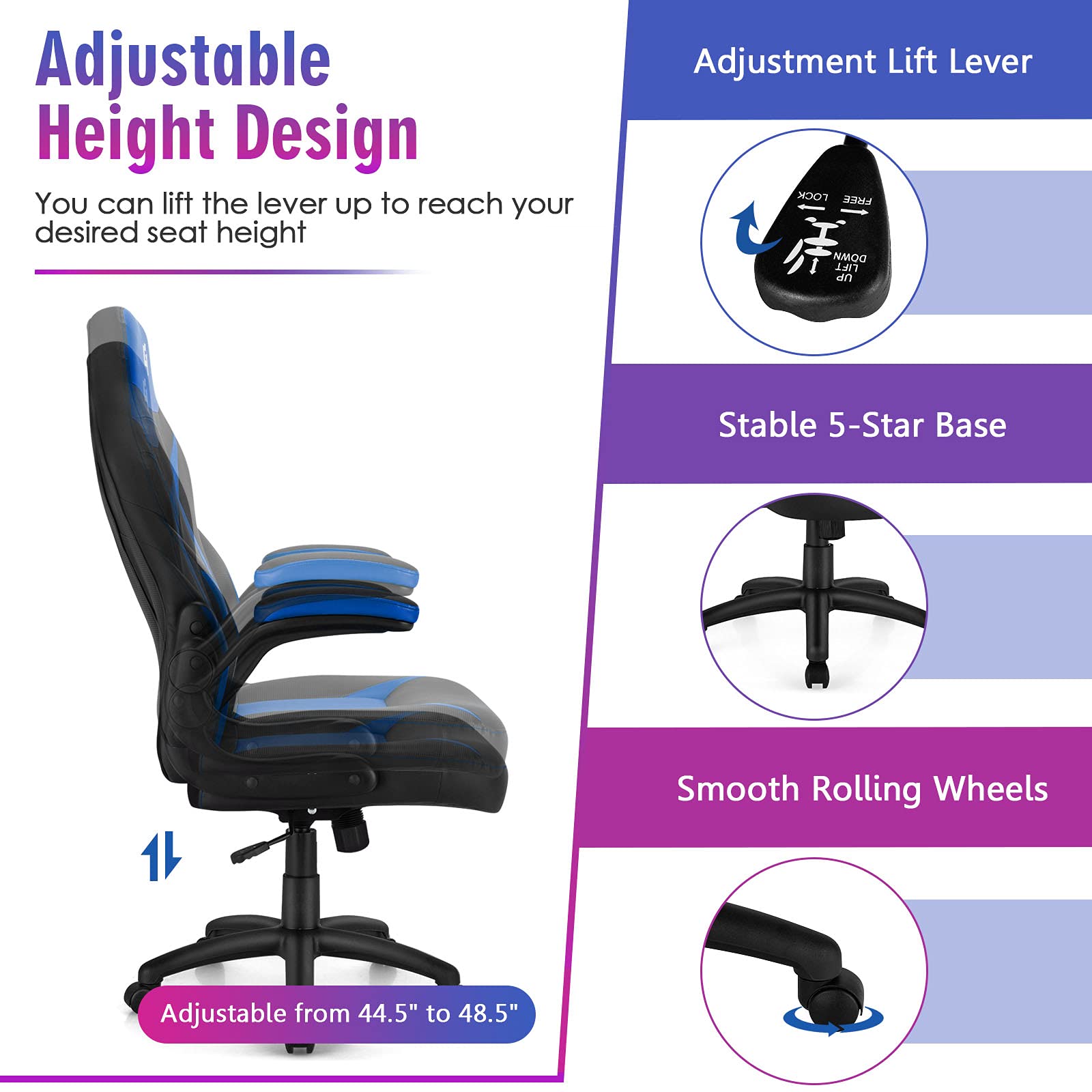 GYMAX Ergonomic High Back Office Chair - Adjustable Height Racing Style Gaming Chair with Padded Armrests, Comfortable Swivel Computer Task Chair for Home Office, Gaming & Theater Room (Blue) - Perfect for Long Work Sessions, Video Gaming & Home Entertainment