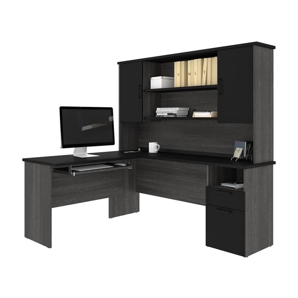 Modern L-Shaped Computer Desk with Hutch - Black & Bark Gray Finish for Home Office, Gaming & Workspace - Spacious Workstation with Storage Shelf & Keyboard Tray