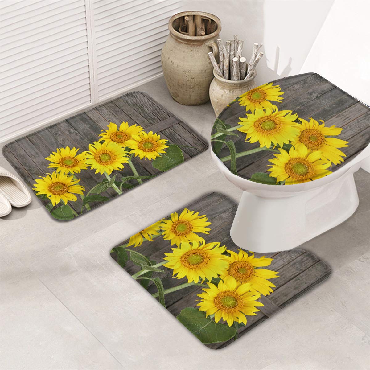 DoremiHome Sunflower Bathroom Rug Set - Non-Slip Toilet Mat, Absorbent Bath Pad, Machine Washable Bath Mats with Vintage Sunflower Design - Perfect for Bathroom, Toilet, Shower & Laundry Room Decor
