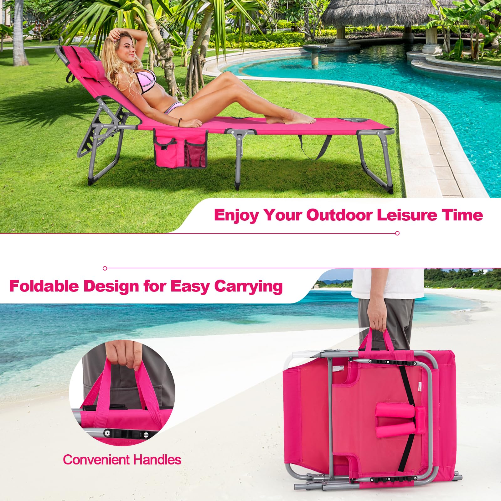 Tangkula Adjustable Folding Beach Chaise Lounge Chair with Face Hole & Side Pocket - Portable Reclining Sunbathing Chair for Poolside, Backyard, Patio - Perfect for Tanning, Relaxing by the Ocean or Outdoor Lounging