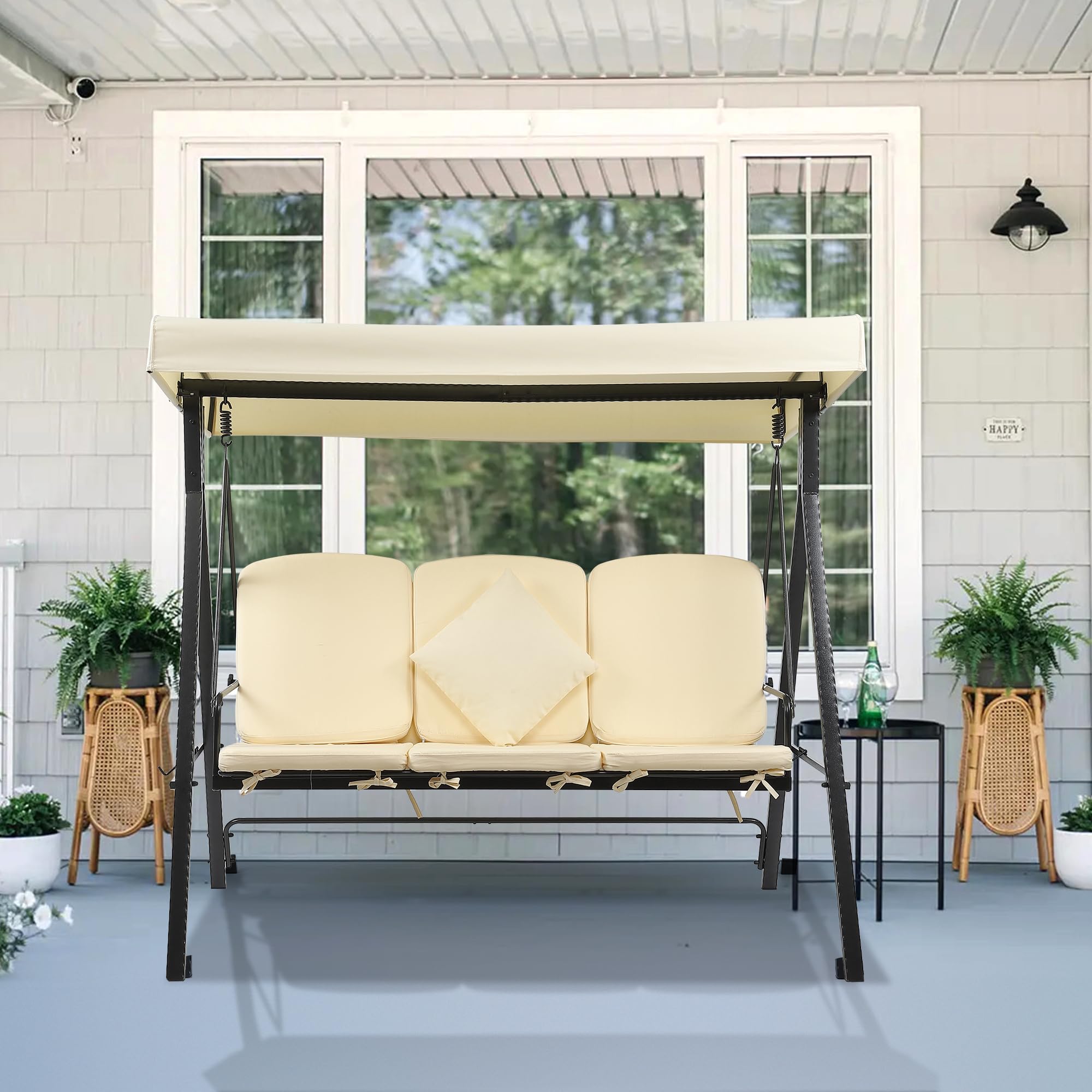 GARVEE 3-Seat Outdoor Patio Swing Chair with Canopy - 2-in-1 Convertible Porch Swing for Backyard, Garden & Patio - Heavy Duty Weather-Resistant Hanging Bench - Perfect for Relaxing, Reading & Outdoor Entertaining