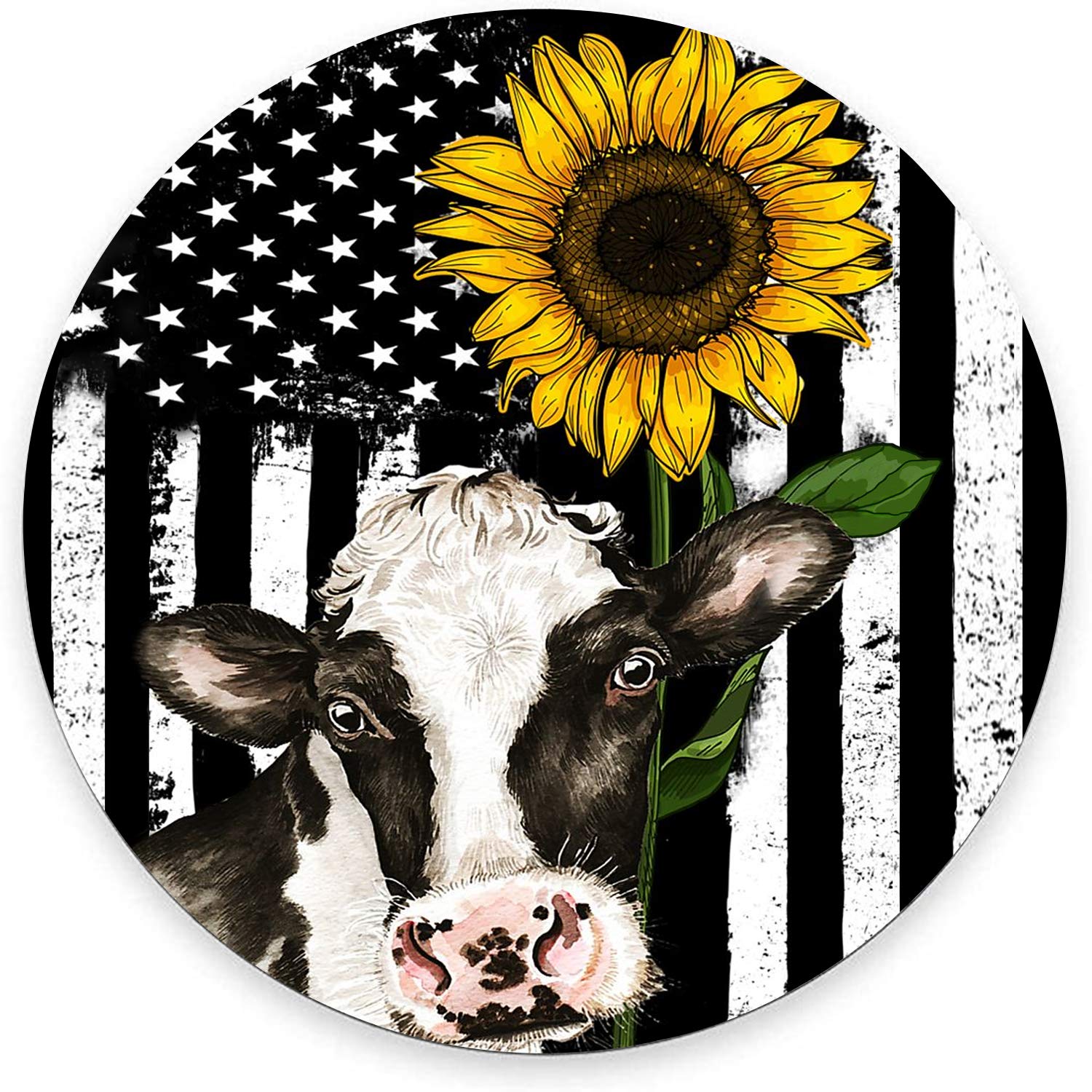 American Flag & Sunflower Cow Design Round Gaming Mouse Pad - 7.9 Inch Non-Slip Rubber Base, Waterproof Office & Travel Mouse Mat for Laptop & PC - Perfect for Home, Work & Gaming Setups