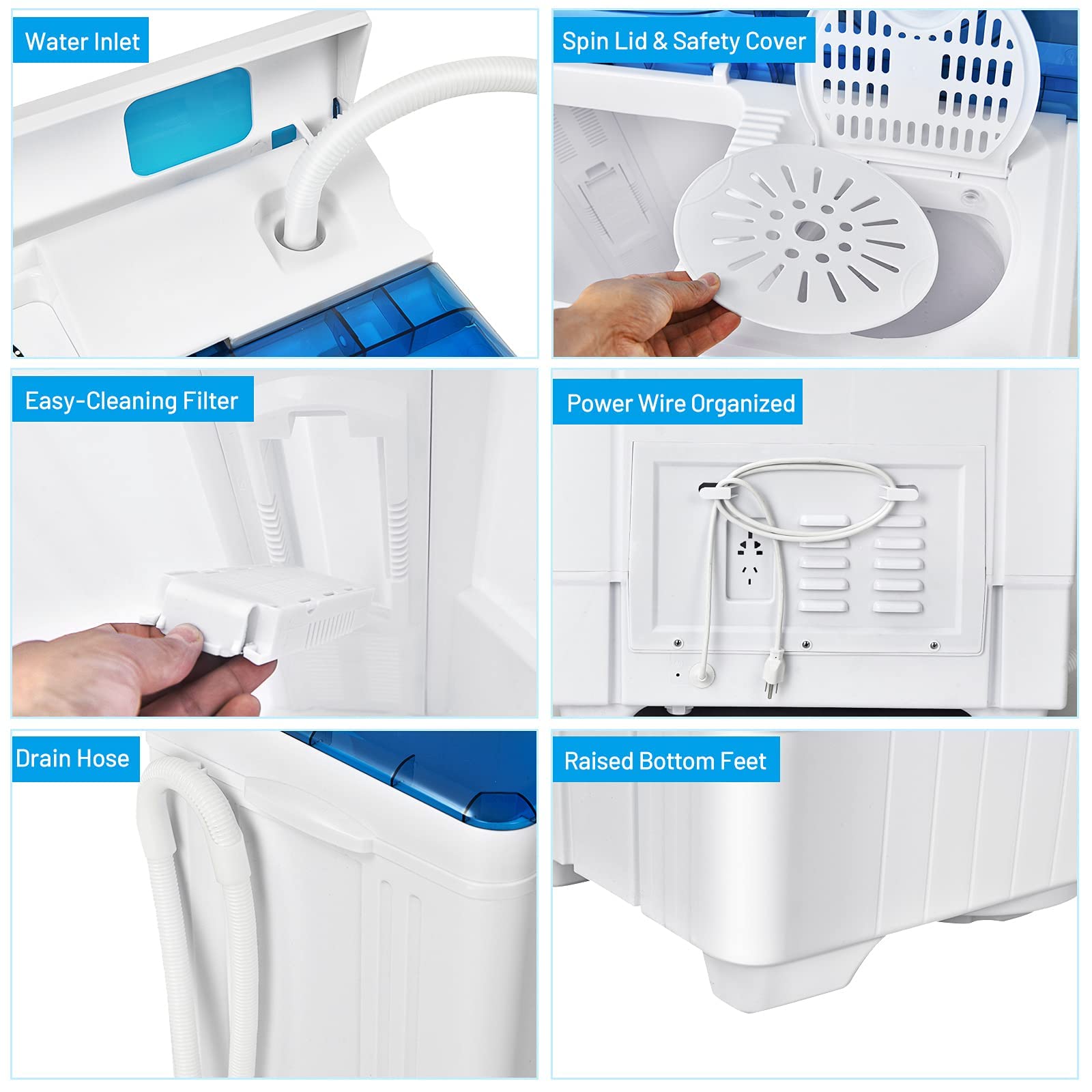 FP10355-BL Portable Washing Machine Compact & Energy Efficient - Perfect for Apartments, RVs, Camping & Small Spaces (Blue)