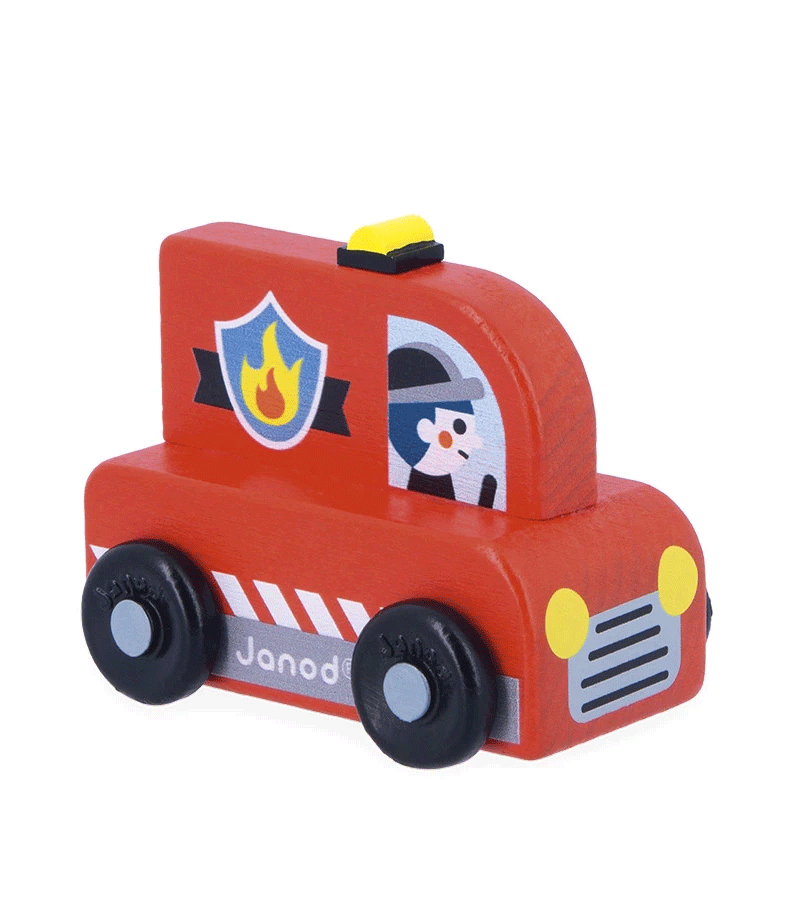 Janod Wooden Fire Truck City Cross Roads - Interactive Wooden Toy Fire Truck for Kids, Perfect for Imaginative Play and Learning About Fire Safety | Great Gift for Toddlers & Preschoolers