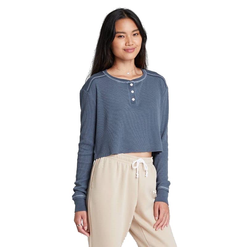 Wild Fable Women's Long Sleeve Boxy Waffle Henley T-Shirt - Soft Casual Top for Fall & Winter, Perfect for Layering, Coffee Dates and Weekend Outfits