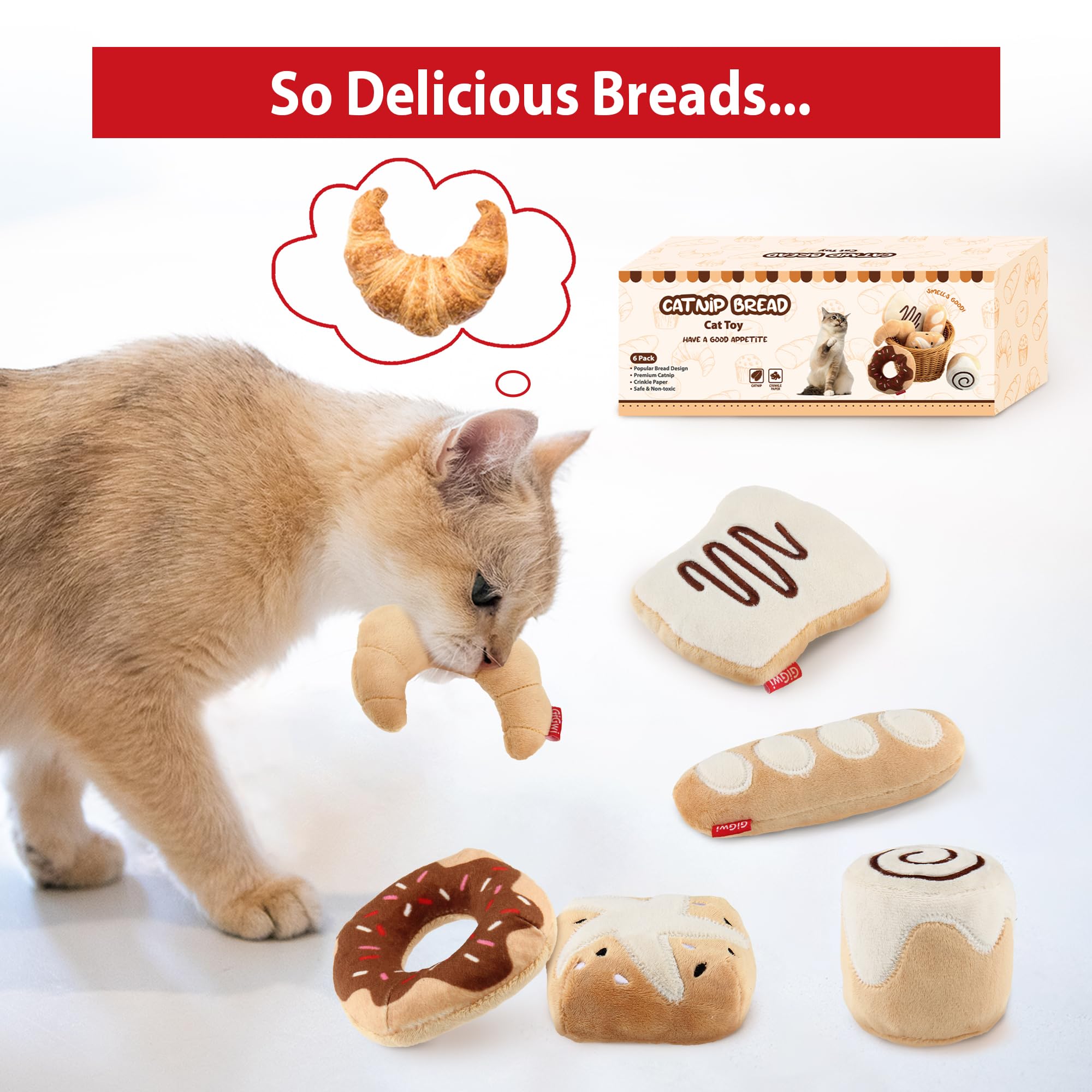 Gigwi Catnip Toys for Cats - 6 Pack Interactive Plush Cat Kicker Toys with Refillable Catnip, Crinkle Sound & Bread Design - Safe Kitten Teething Chew Toys for Indoor Play, Stress Relief & Enrichment Activities