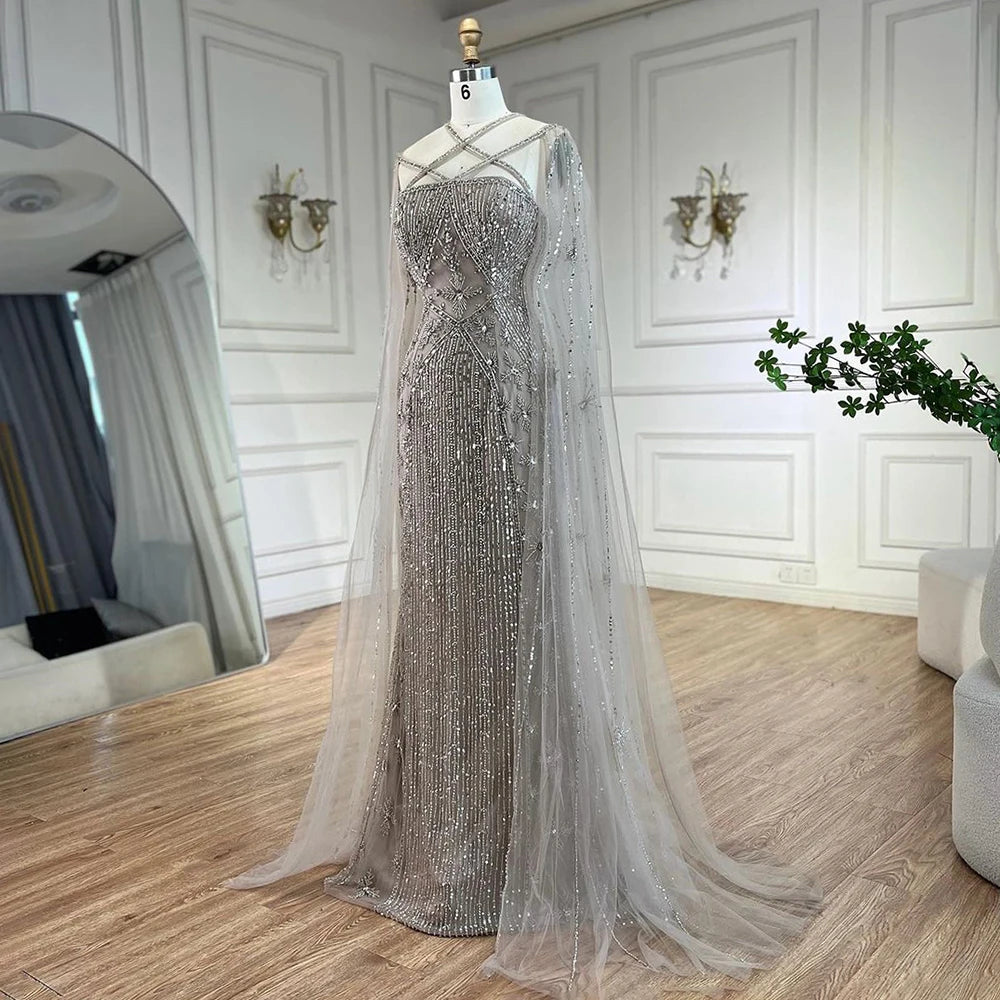 Elegant Beaded Mermaid Evening Gown with Cape Sleeves for Women - Luxury Dubai Wedding Party Dress 2025 | Perfect for Red Carpet Events, Galas & Formal Occasions - Serene Hill Caramel LA71905B