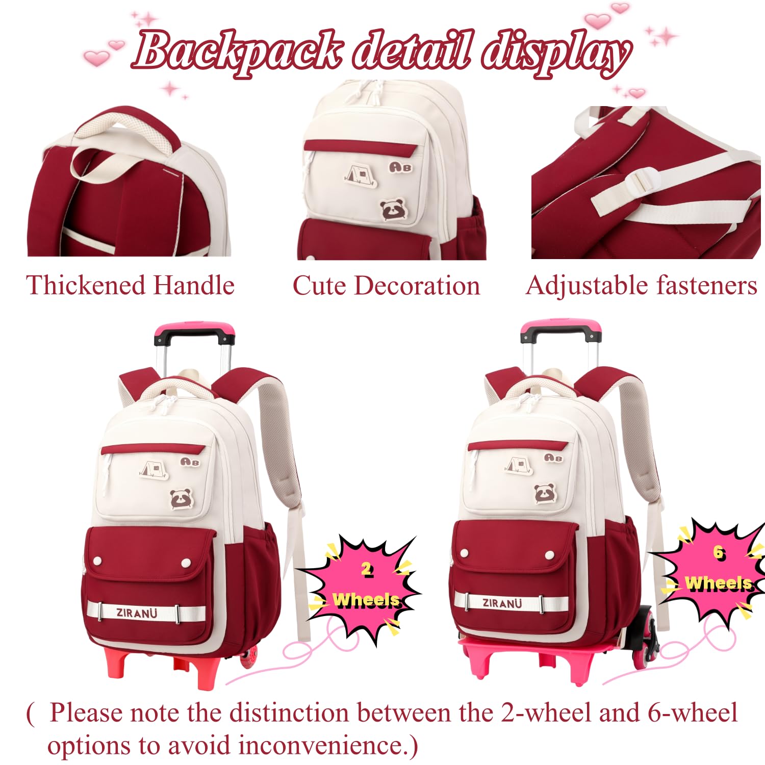 EKUIZAI Rolling Backpack for Girls - Wheeled School Bag for Middle & Teen Kids - Lightweight, Durable & Spacious for School, Travel & Daily Use