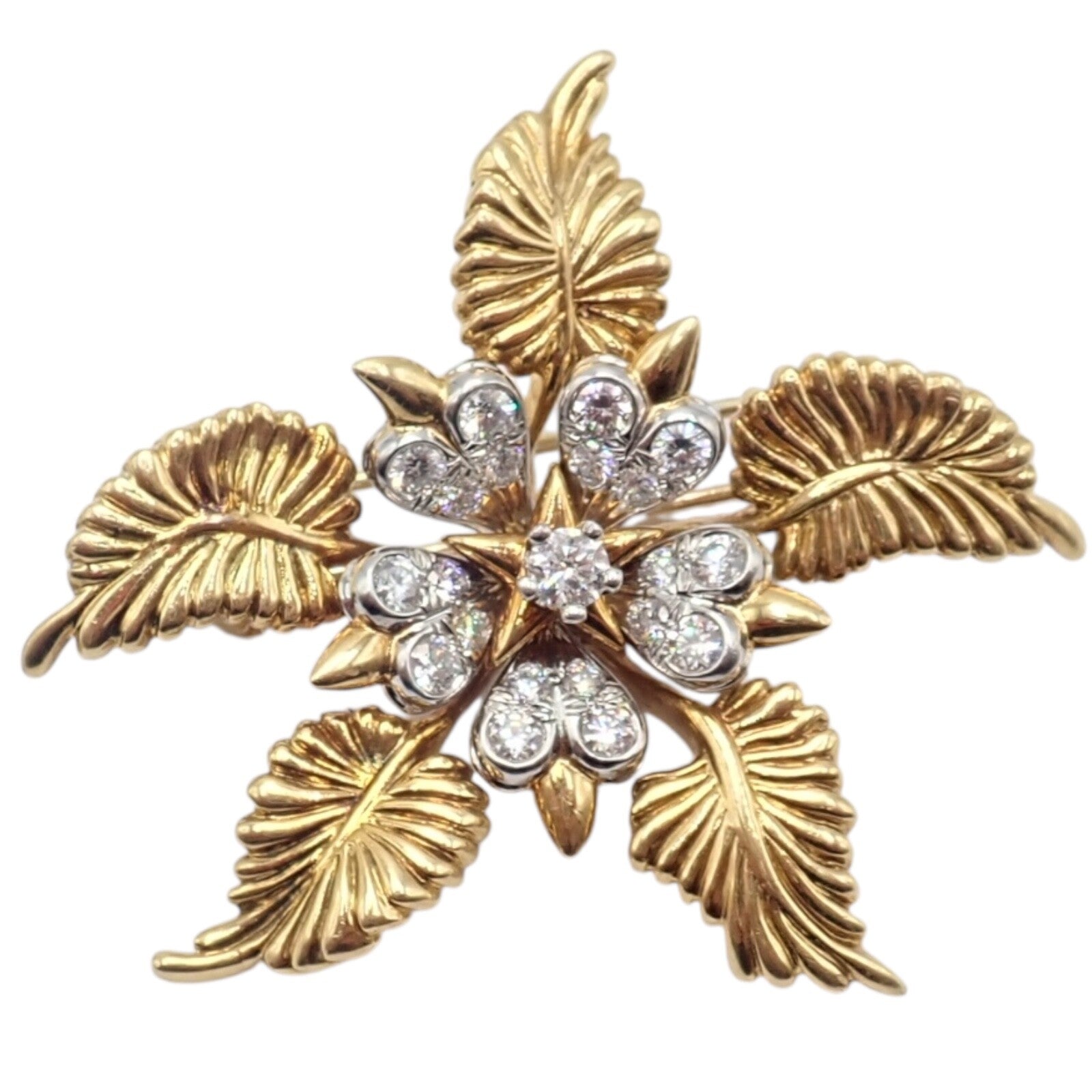 Tiffany & Co Schlumberger 18k Yellow Gold Platinum Diamond 5 Leaf Pin Brooch - Elegant Jewelry for Women, Luxury Gift for Anniversary & Special Occasions