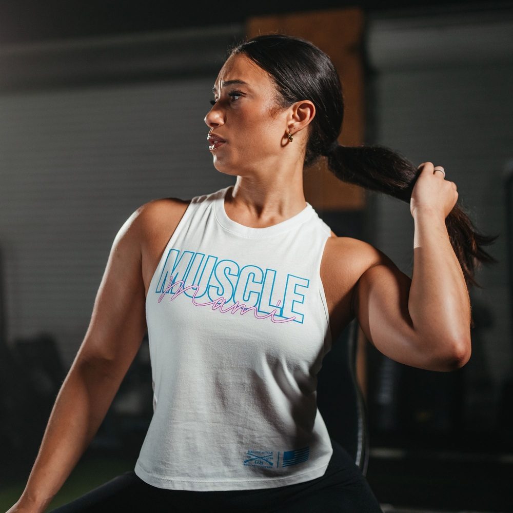 Women's Muscle Mami Racerback Cropped Tank Top - White | Workout & Gym Essential | Perfect for Yoga, Running & Fitness