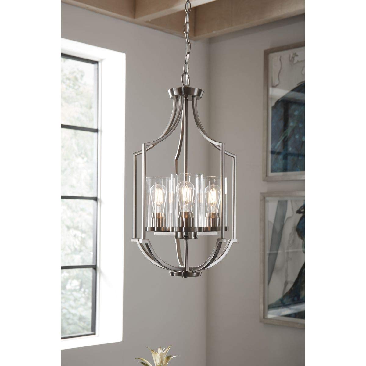 Progress Lighting Lassiter Collection 3-Light Brushed Nickel Foyer Chandelier - Modern Entryway Lighting Fixture for Hallway, Staircase & Home Decor