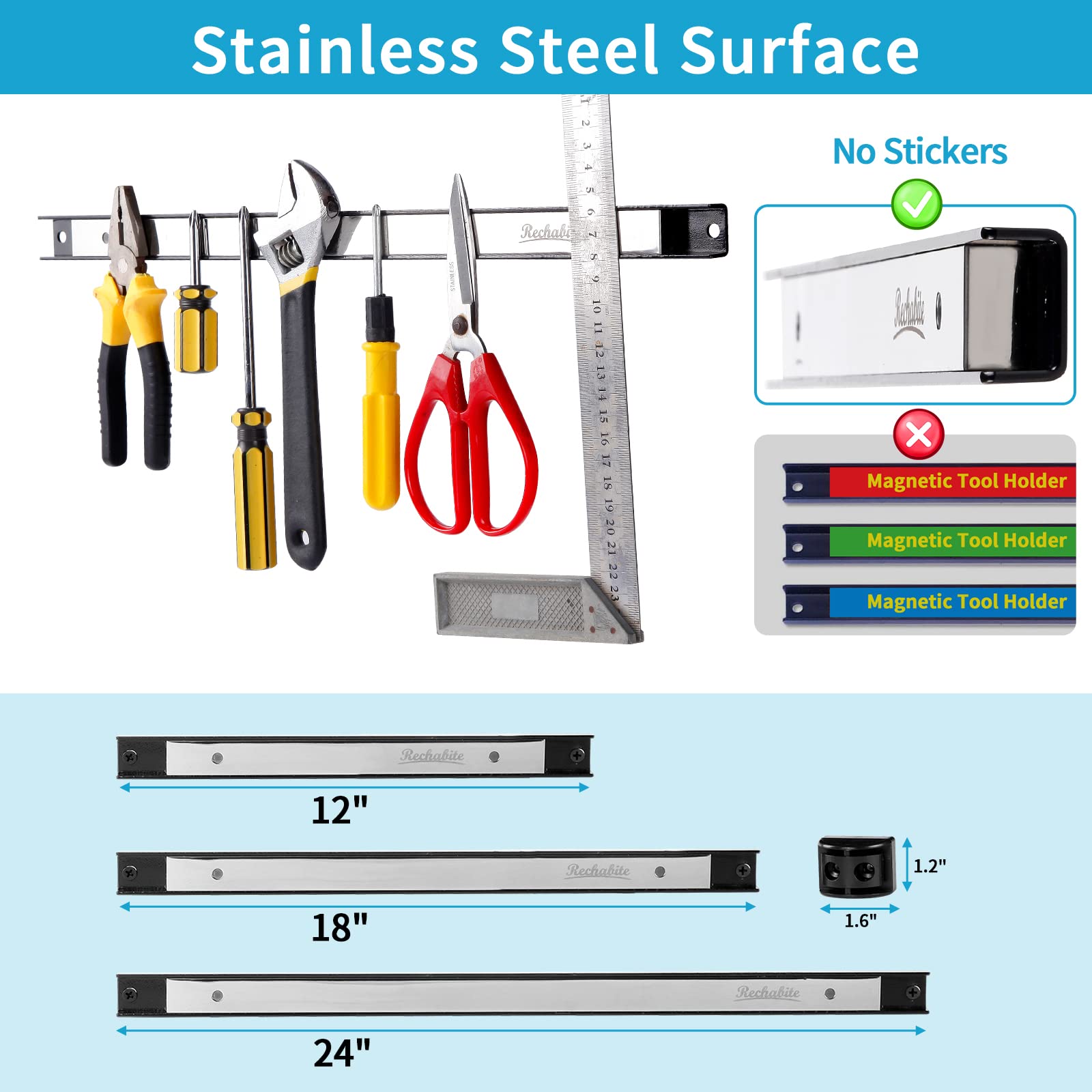 6-Piece 12-Inch Magnetic Tool Holder Strips - Heavy Duty Stainless Steel Tool Organizer Bar with Mounting Screws - Perfect for Garage, Workshop, and DIY Tool Storage - Keep Wrenches, Screwdrivers & Metal Tools Neatly Organized