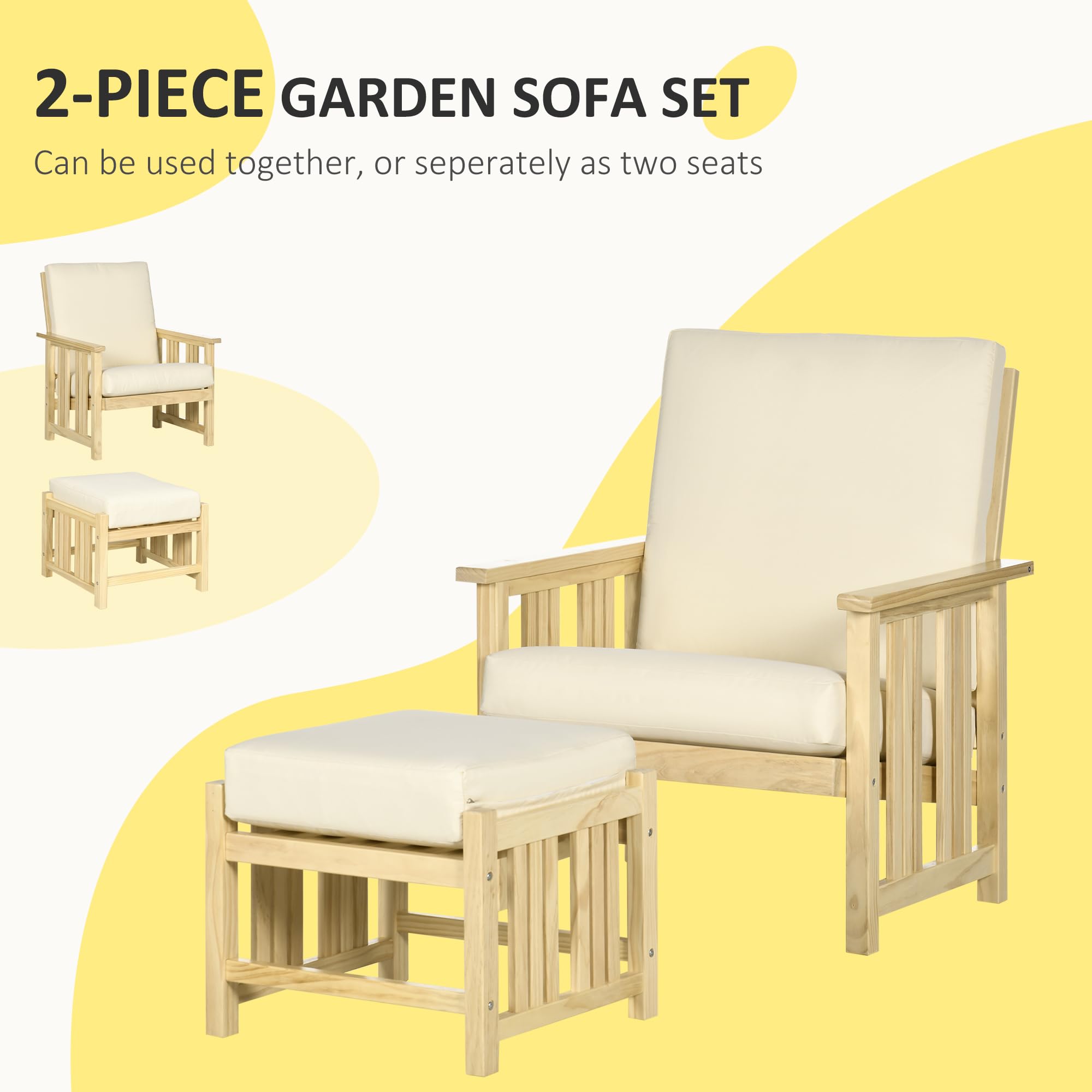 Outsunny 2-Piece Wood Patio Furniture Set with Ottoman - Beige Cushioned Outdoor Lounge Chairs & Footrest for Backyard, Poolside, Garden Relaxation