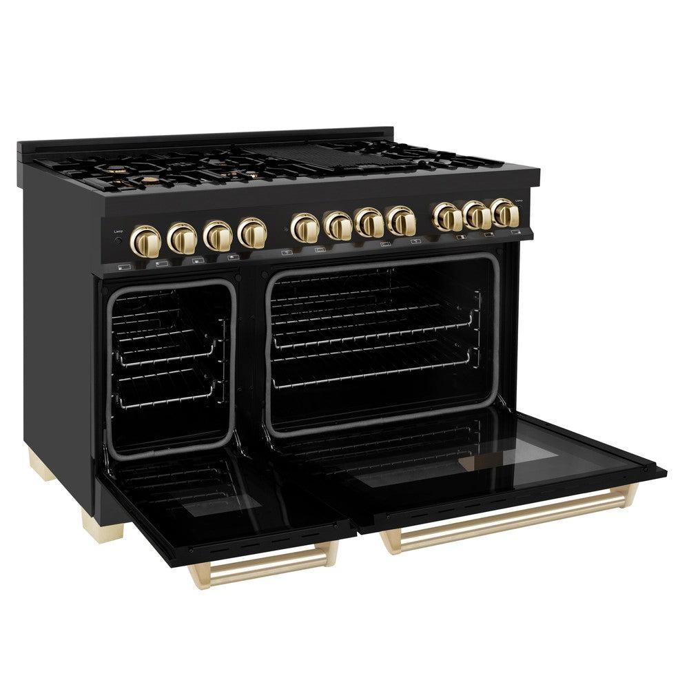 ZLINE Autograph Edition 48-inch Professional Kitchen Package - Black Stainless Steel Dual Fuel Range, Range Hood, Dishwasher & Refrigerator with External Water Dispenser & Polished Gold Accents (4AKPR RABRHDWV48 G) - Perfect for Modern Luxury Kitchens, Restaurant-Style Cooking & Entertaining