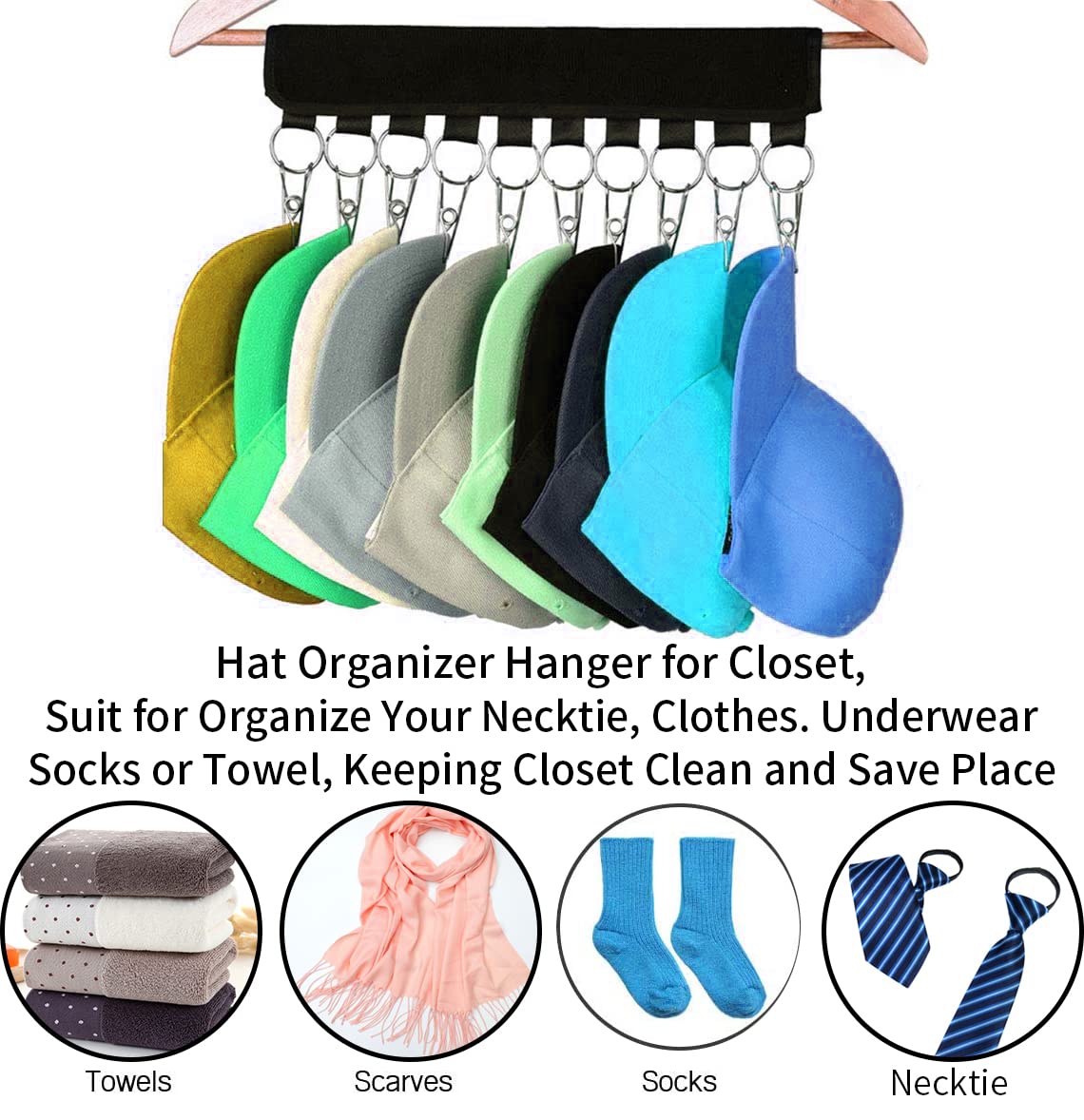 2 Pack Black Hanger Hat Organizer - 20 Large Clip Closet Display for Baseball Caps, Winter Hats & Accessories - Fits All Hanger Sizes - Space Saving Hat Storage for Closet & Room Organization