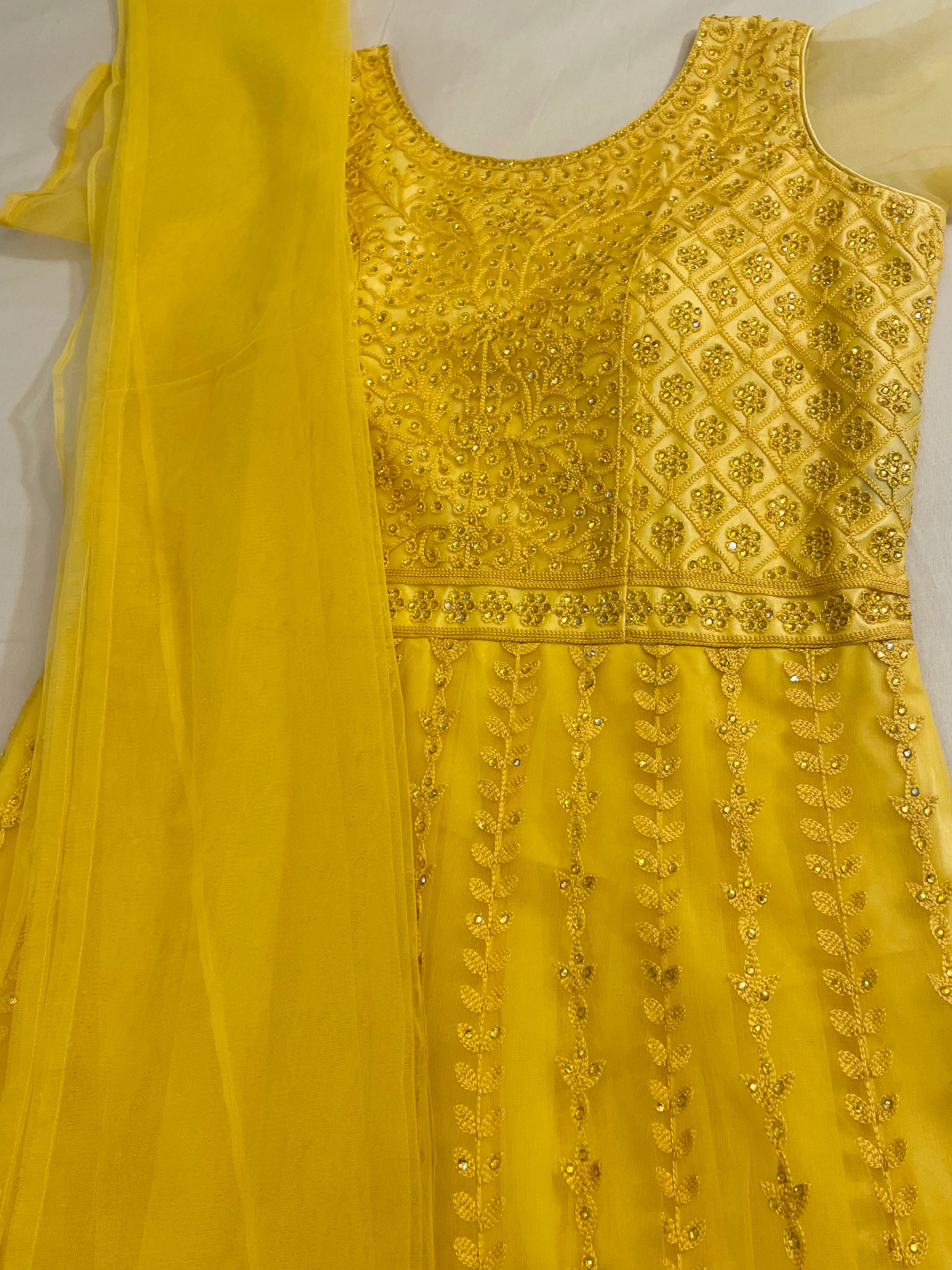 Elegant Golden Yellow Anarkali Embroidered Dress with Dupatta - Traditional Indian Party Wear for Weddings, Festivals & Special Occasions